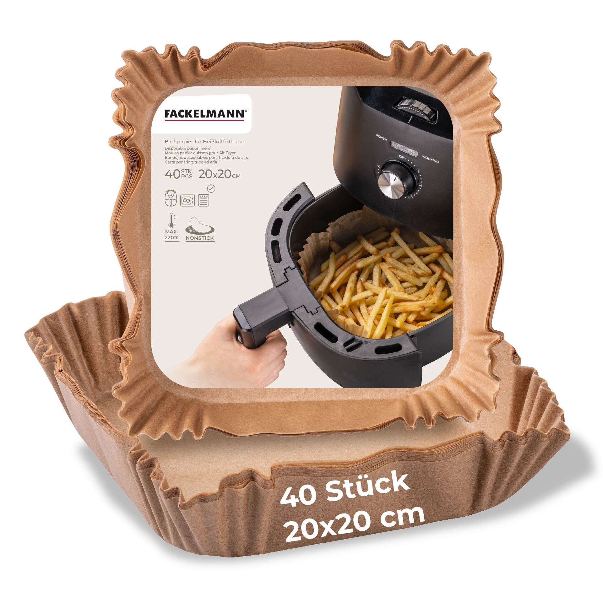 Backpapier für Heißluftfritteuse eckig, 20x20x4,5cm, 40 Stk.