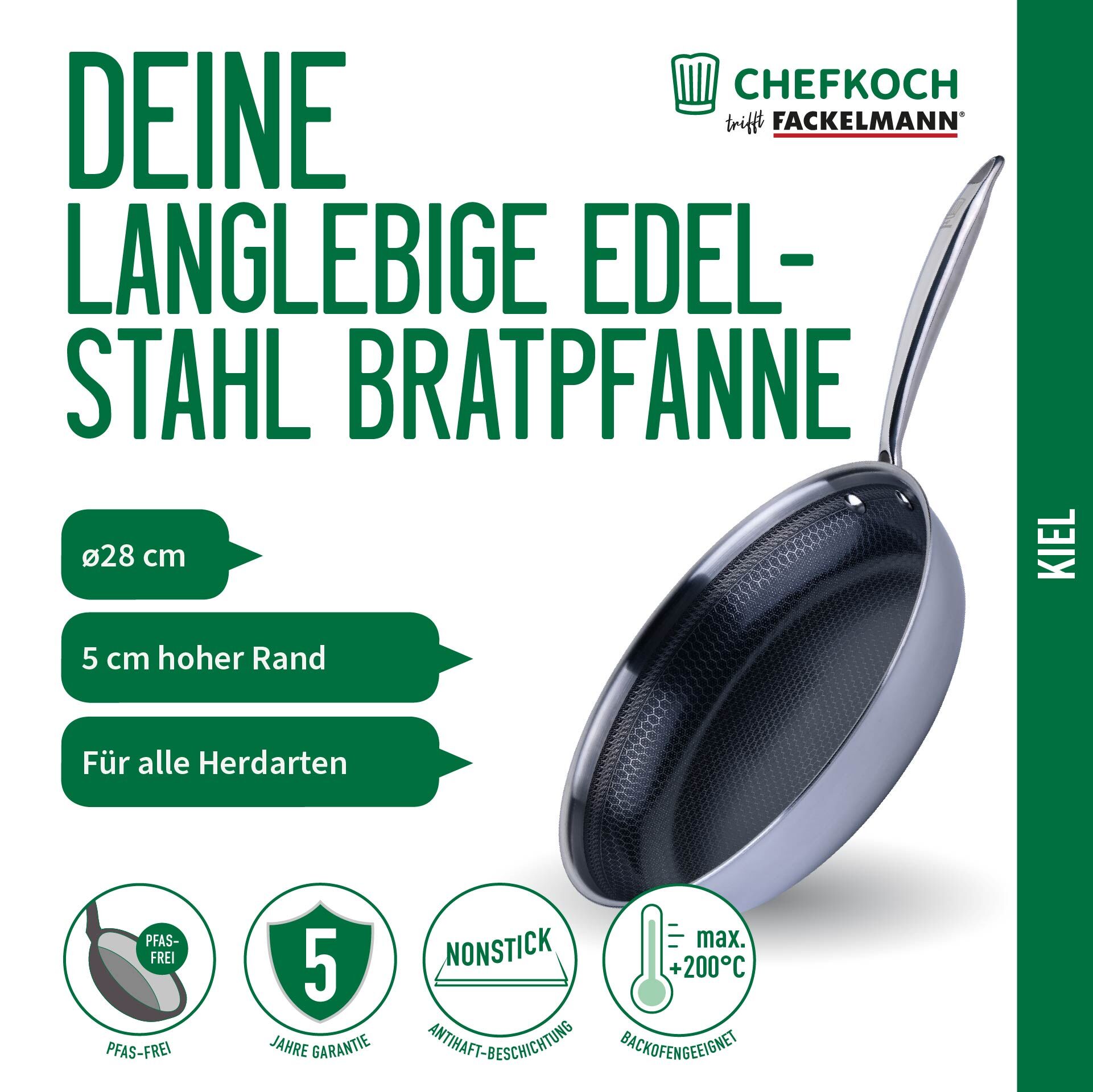 Bratpfanne Kiel, Edelstahl, antihaft, Wabenboden, Ø28cm