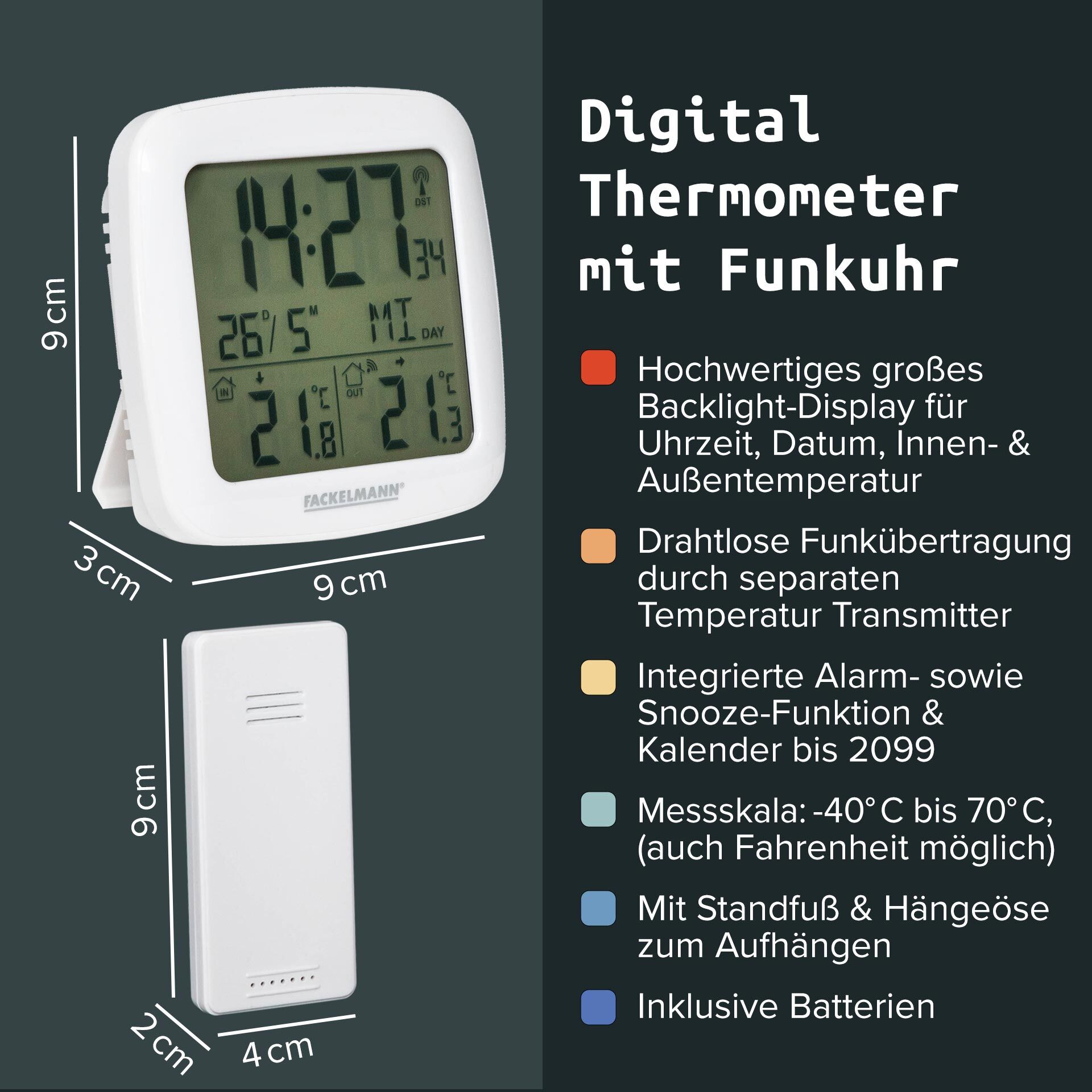 Digital Thermometer mit Funkuhr, 2-teilig