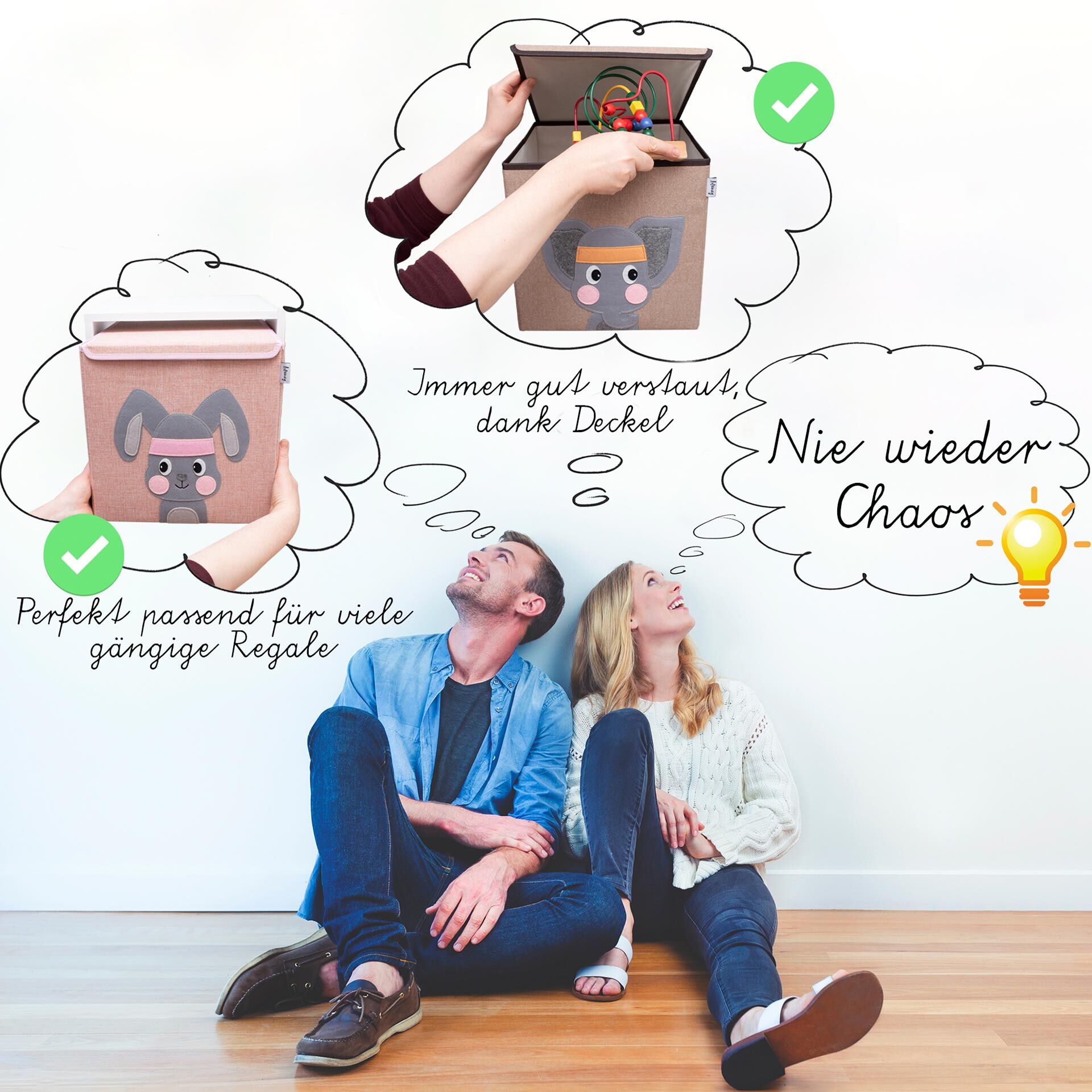 Aufbewahrungsbox 2er-Set Löwe & Bär, grau, 33x33x33cm