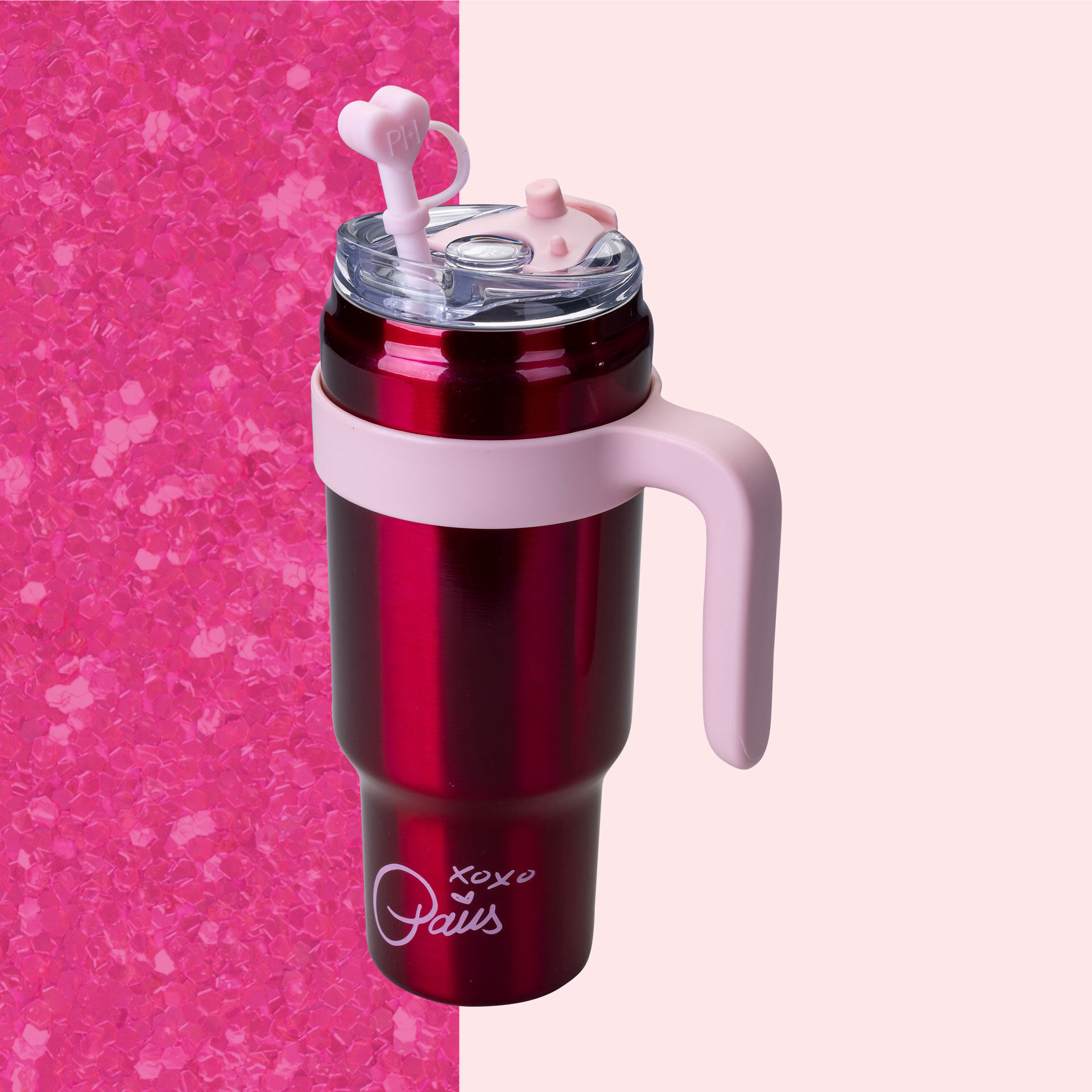 Trinkbecher mit Strohhalm-Deckel Herz, Rot, 1L