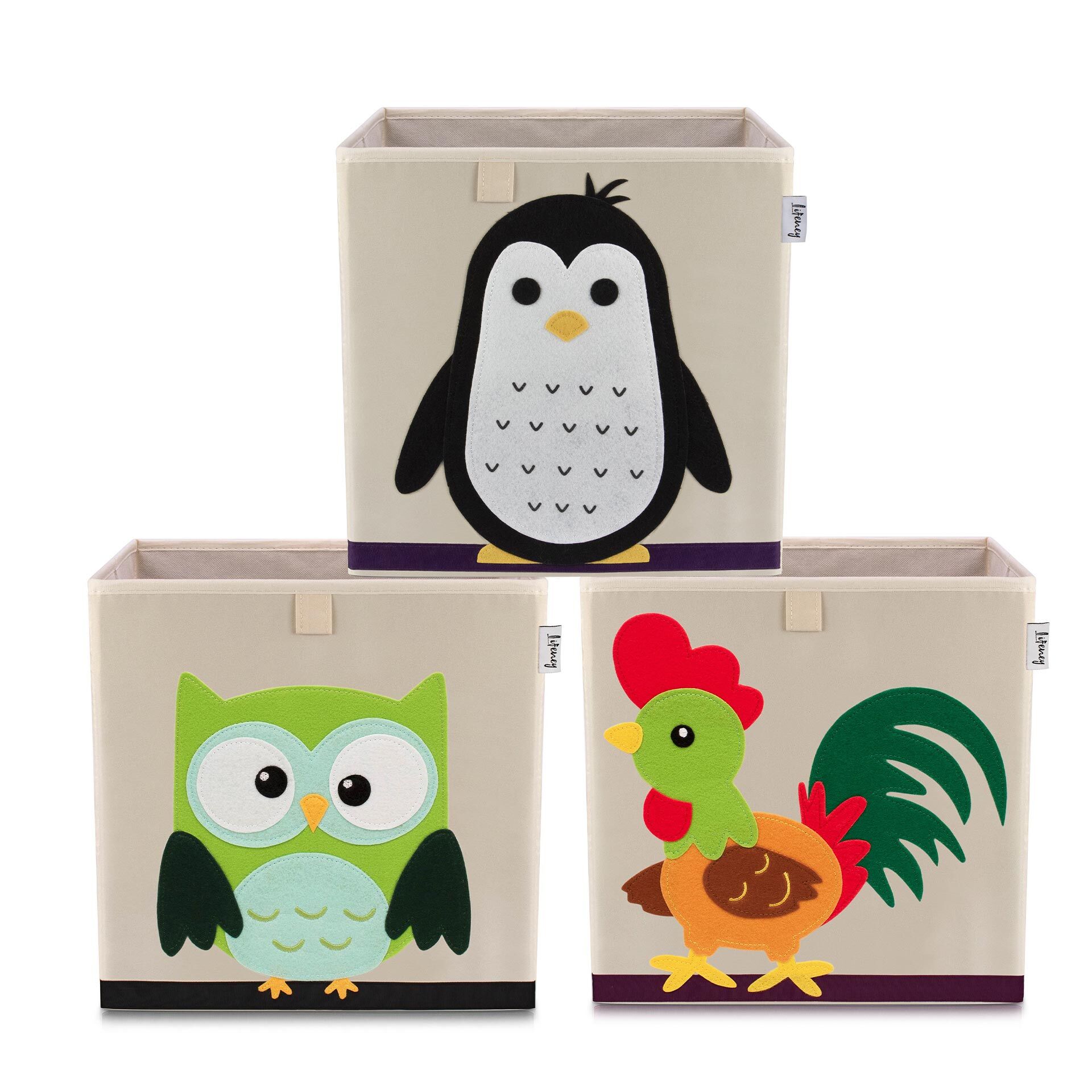 Aufbewahrungsbox 3er-Set Pinguin Hahn & Eule, beige, 33x33x33cm