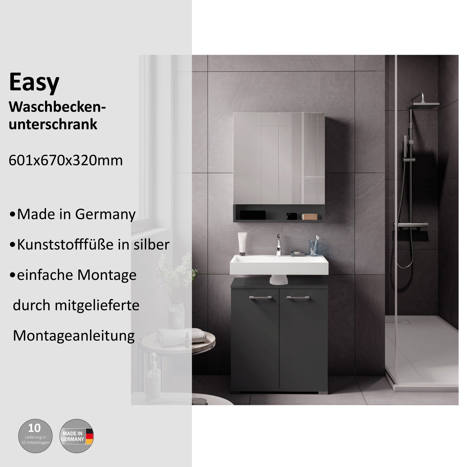 Waschbeckenunterschrank Easy, 60cm, Anthrazit, stehend