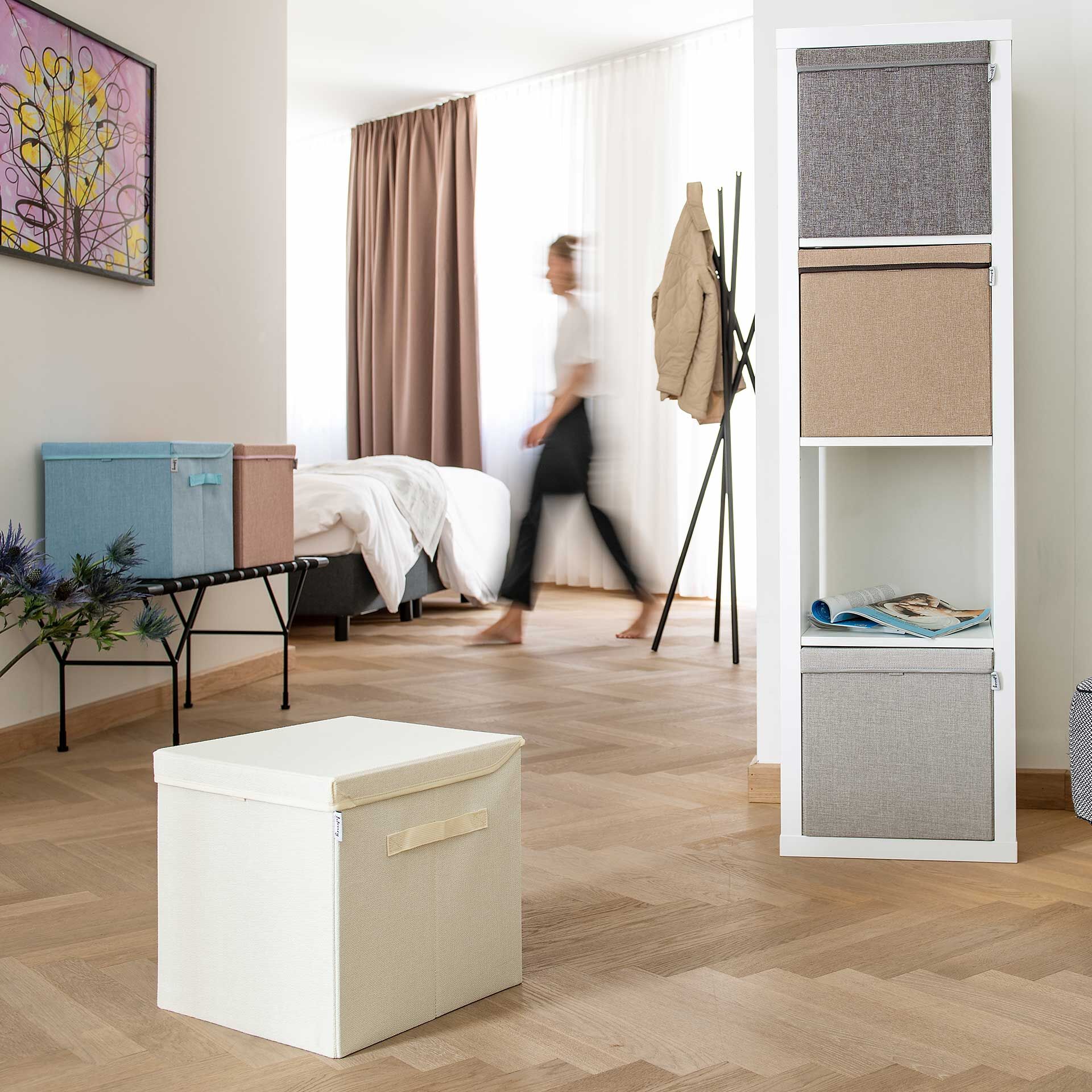 Aufbewahrungsbox 2er-Set, beige, mit Deckel, 33x33x33cm