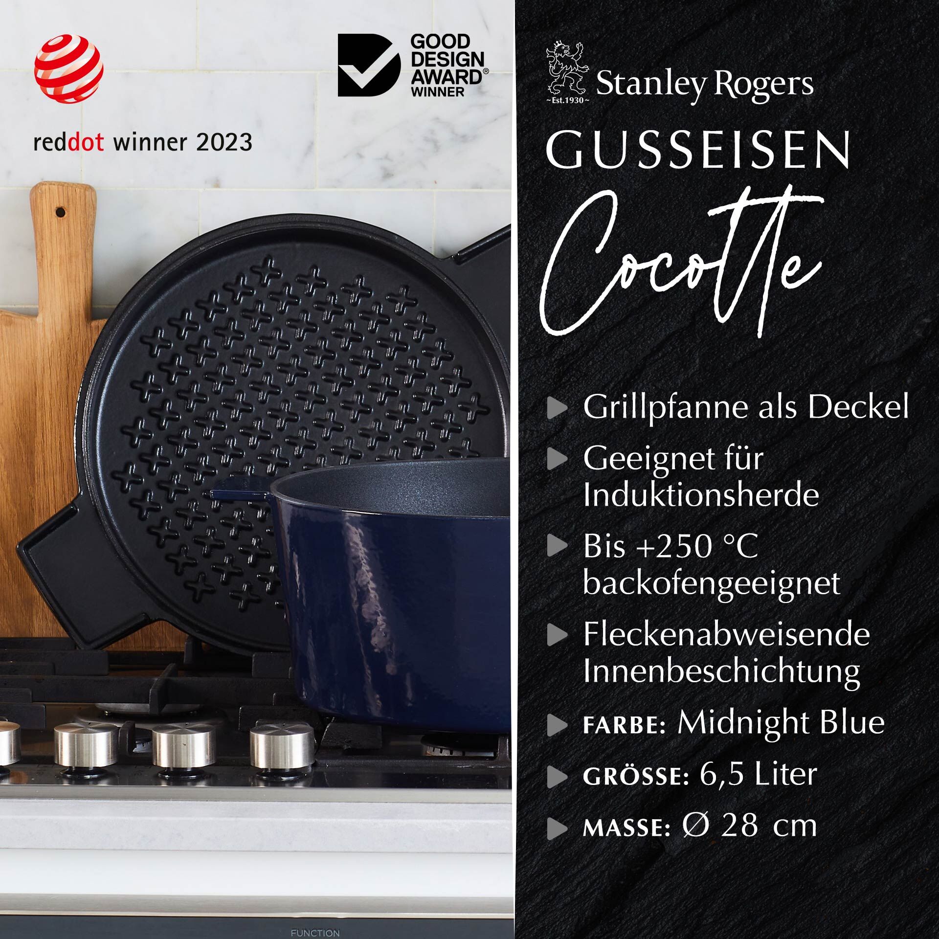 Cocotte mit Grilldeckel, 28cm, Gusseisen, blau Cocotte mit Grilldeckel, 28cm, Gusseisen, blau
