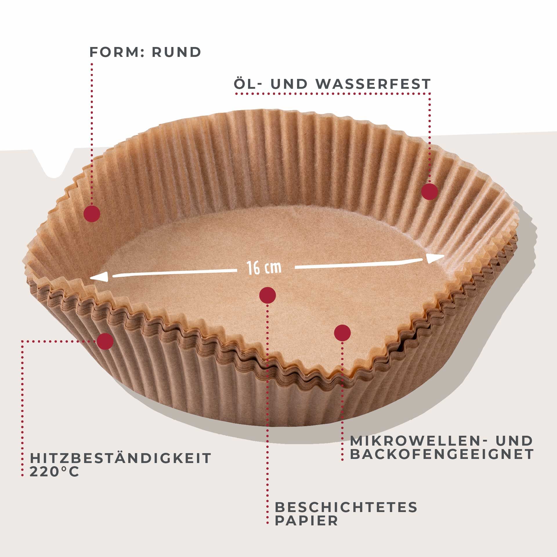 Backpapier für Heißluftfritteuse, rund, 16x16x4,5cm, 40 Stk.