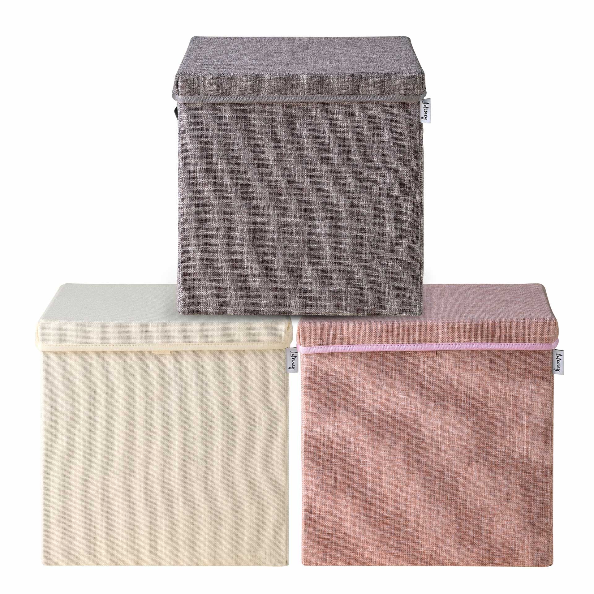 Aufbewahrungsbox 3er-Set, braun rosa & grau, mit Deckel, 33x33x33cm