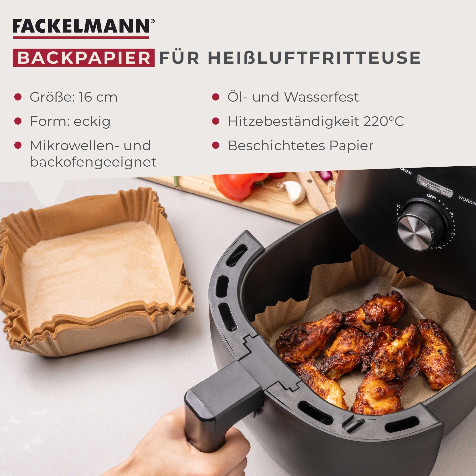 Backpapier für Heißluftfritteuse eckig,16x16x4,5cm, 40 Stk.