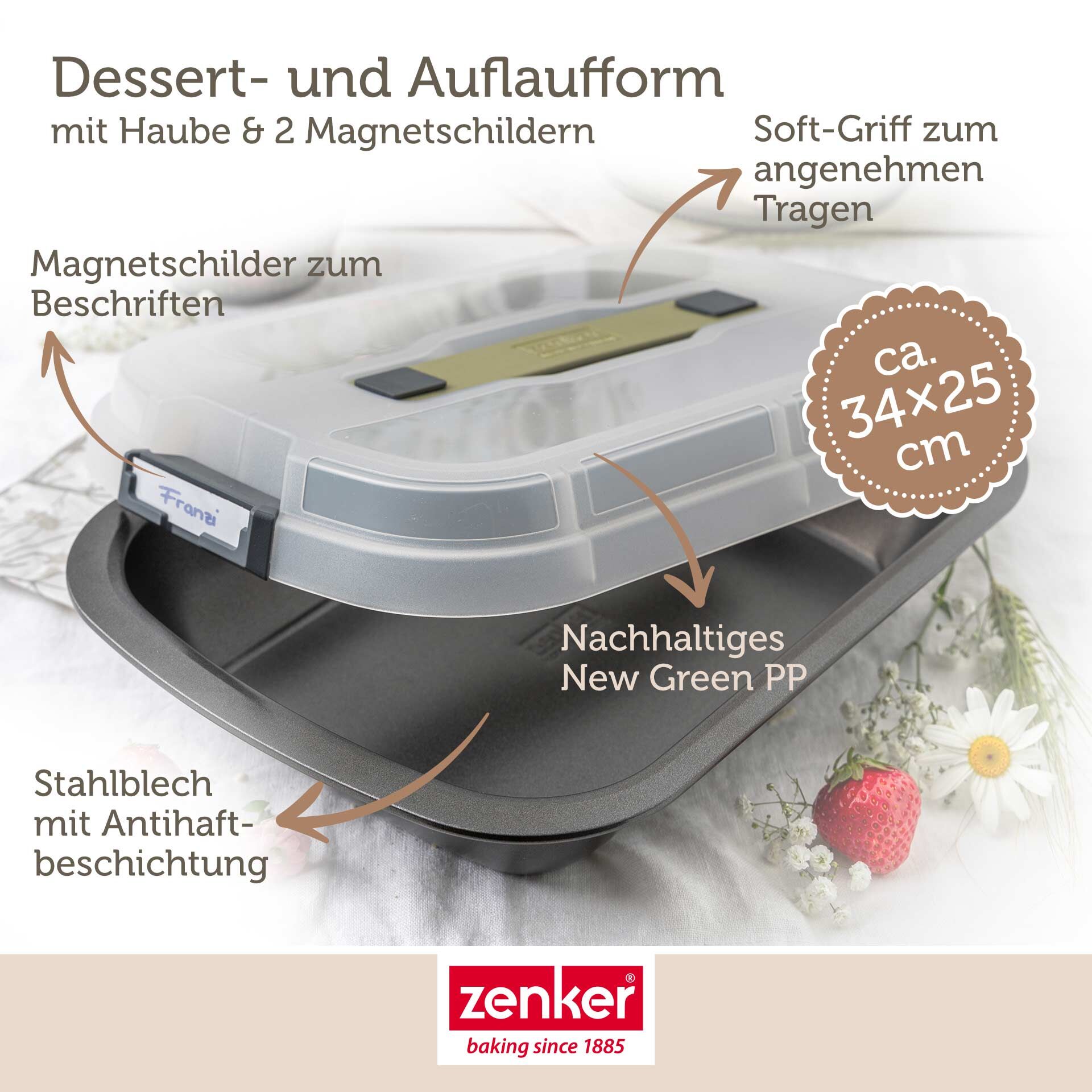 Dessert- & Auflaufform mit Transporthaube, 34x25x6cm