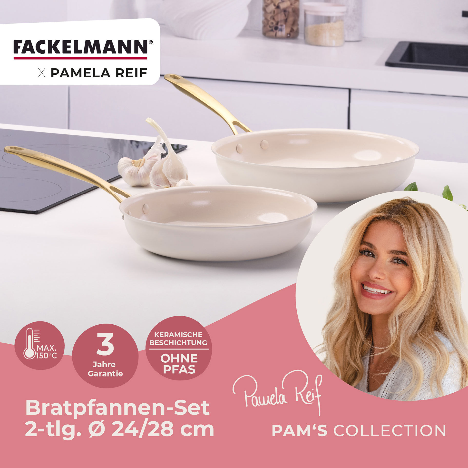 Pamela Reif Bratpfannen-Set Signature, Keramik, Gold-Griff, Ø24+28cm