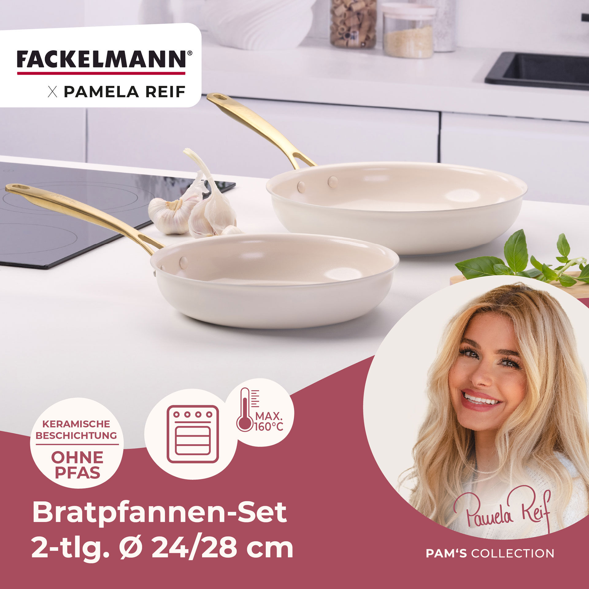 Pamela Reif Bratpfannen-Set Signature, Keramik, Gold-Griff, Ø24+28cm