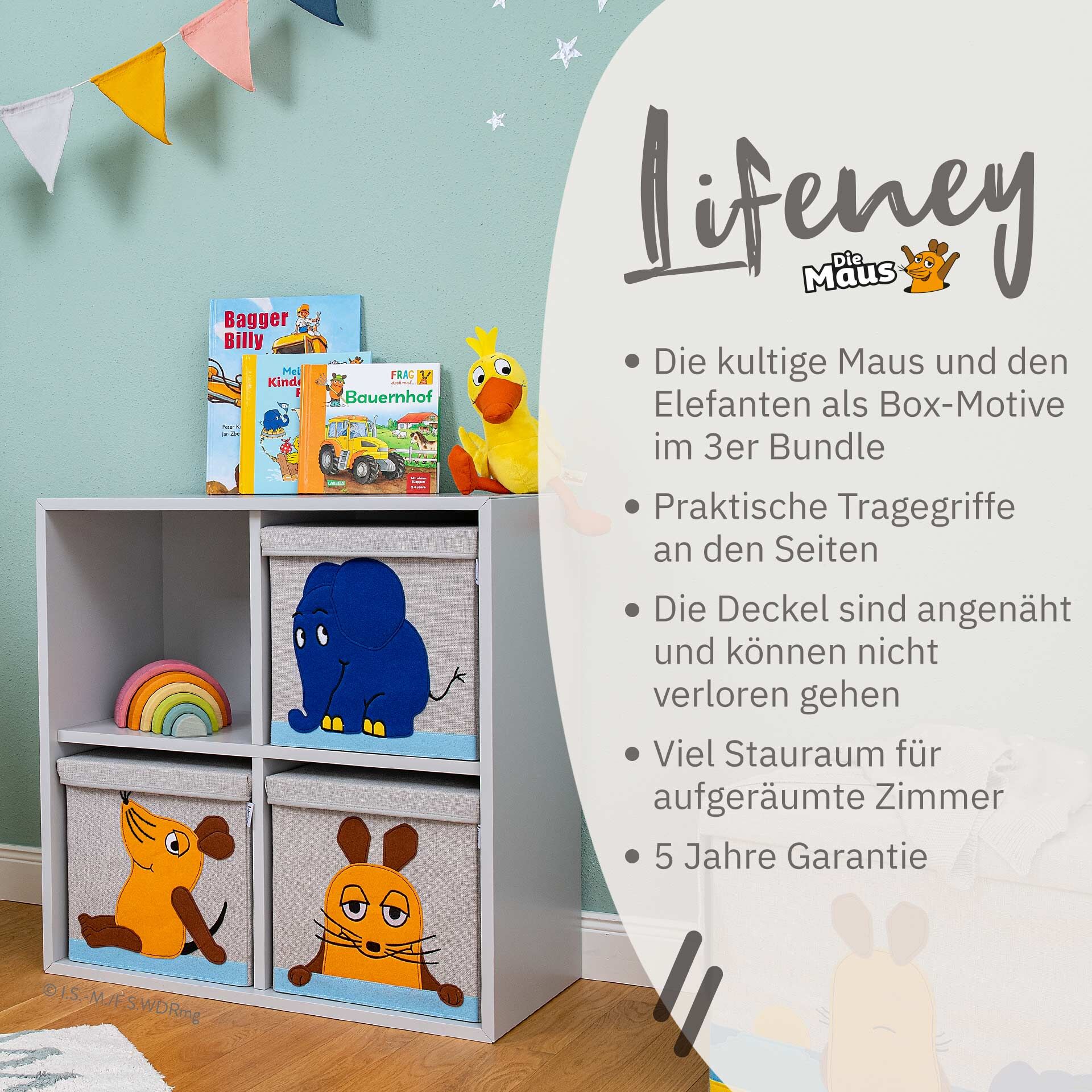 Aufbewahrungsbox 3er-Set mit Deckel, DieMaus & Elefant, 33x33x33cm