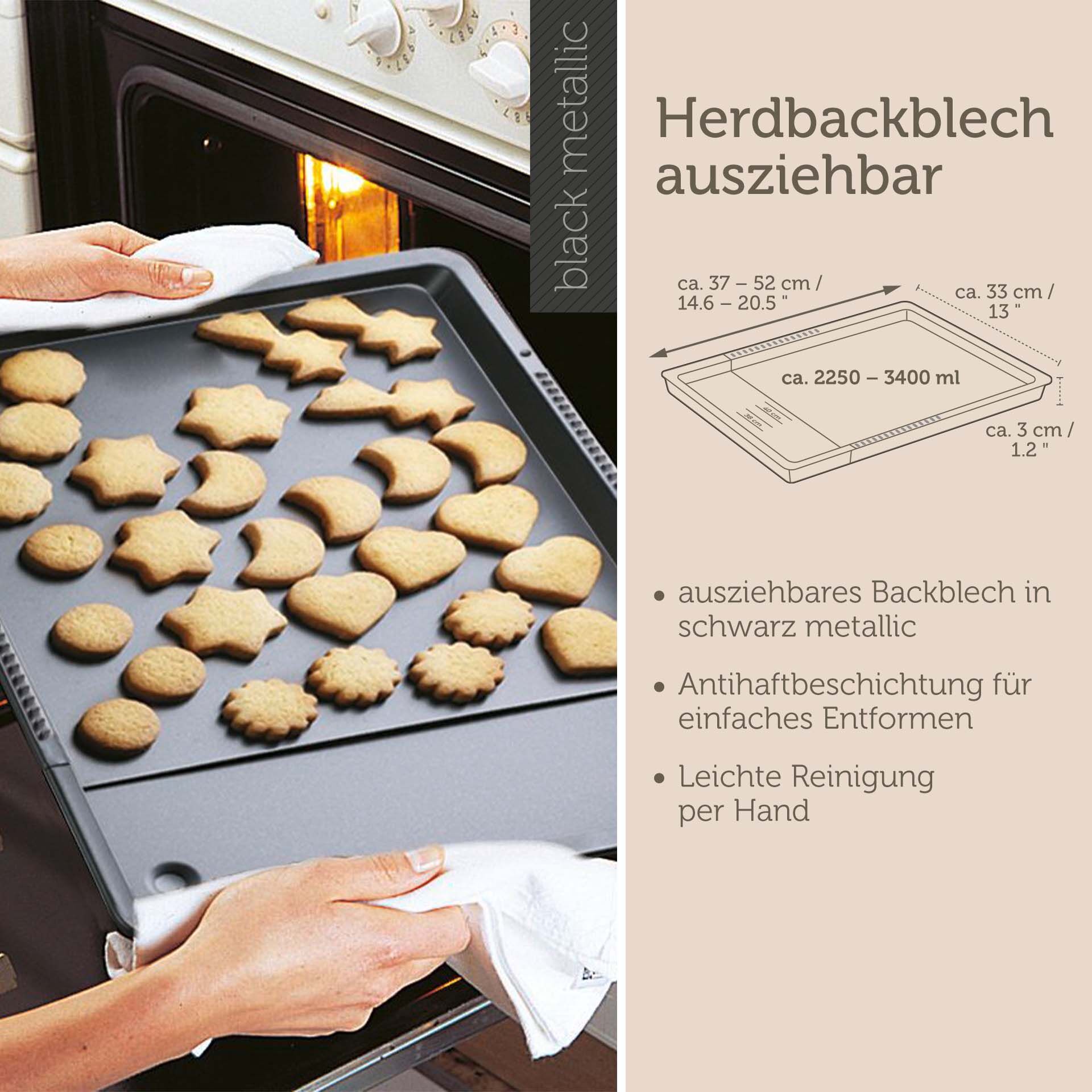 Backblech mit hohem Rand ausziehbar Black Metallic, 37,5-52cm