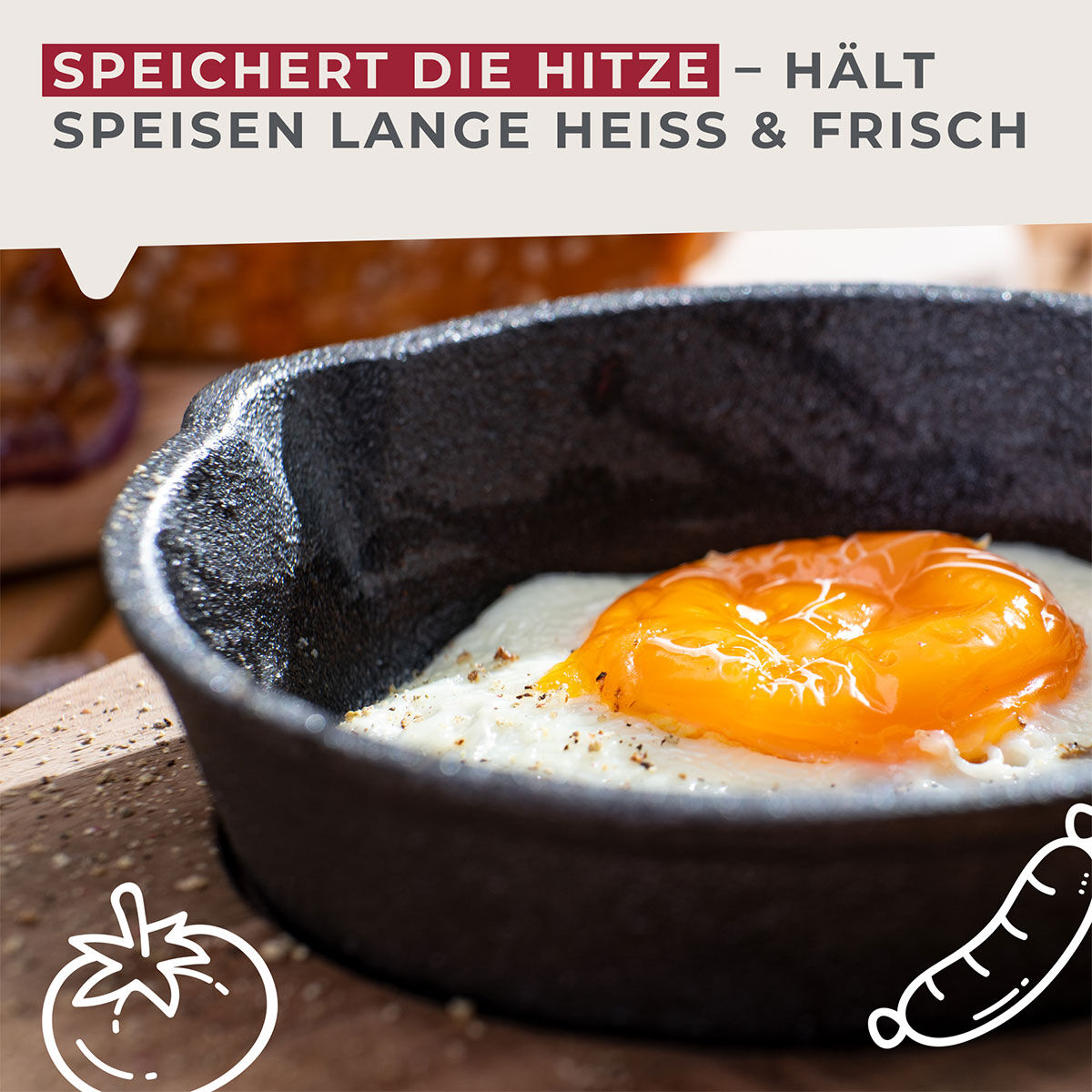 Grillpfännchen Gusseisen mit Holzbrett, rund, Ø12cm