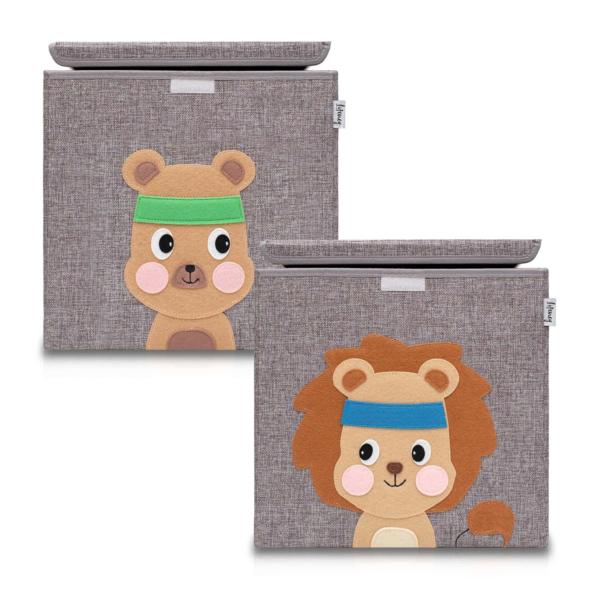 Aufbewahrungsbox 2er-Set Löwe & Bär, grau, 33x33x33cm