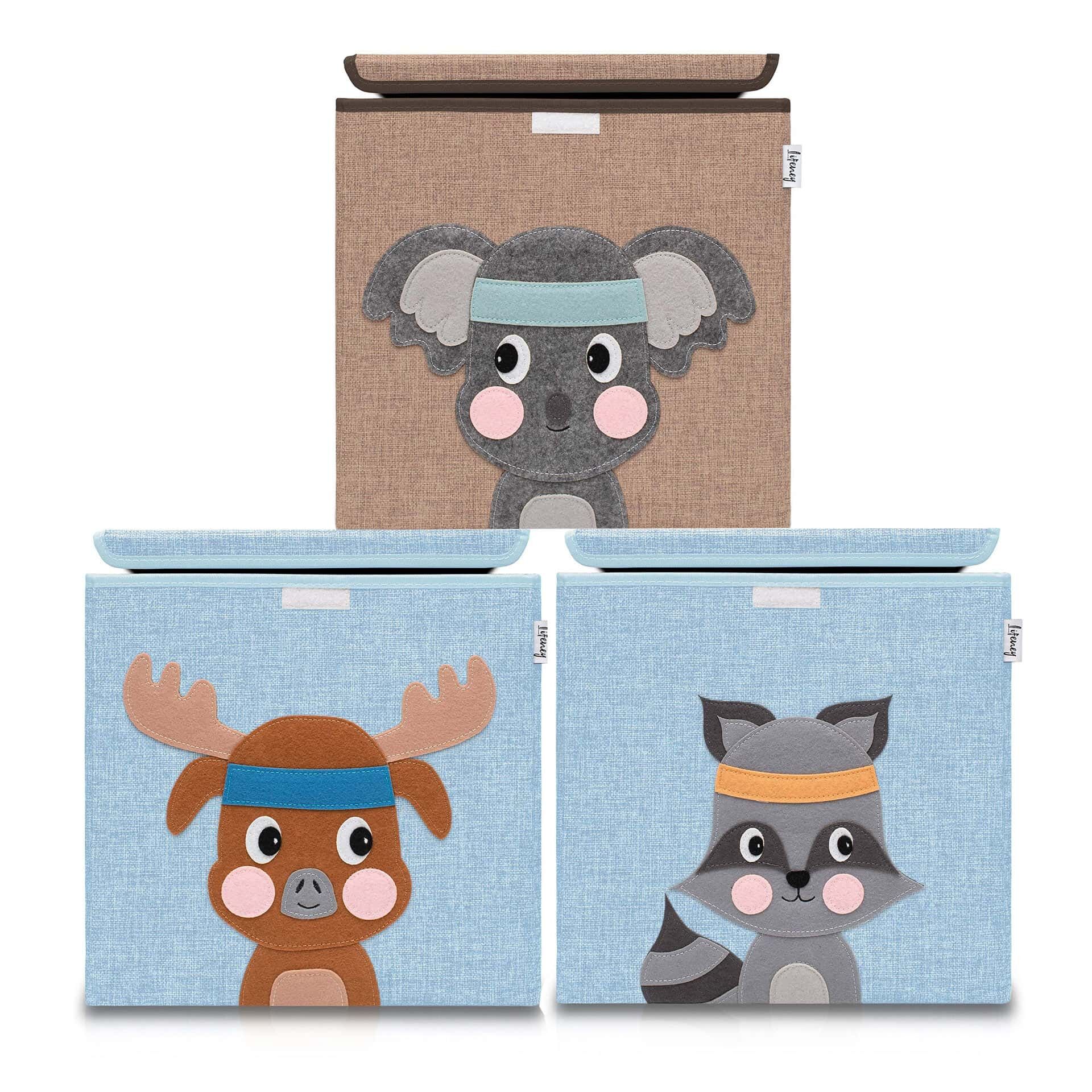Aufbewahrungsbox 3er-Set Hirsch Koala & Waschbär, braun & blau