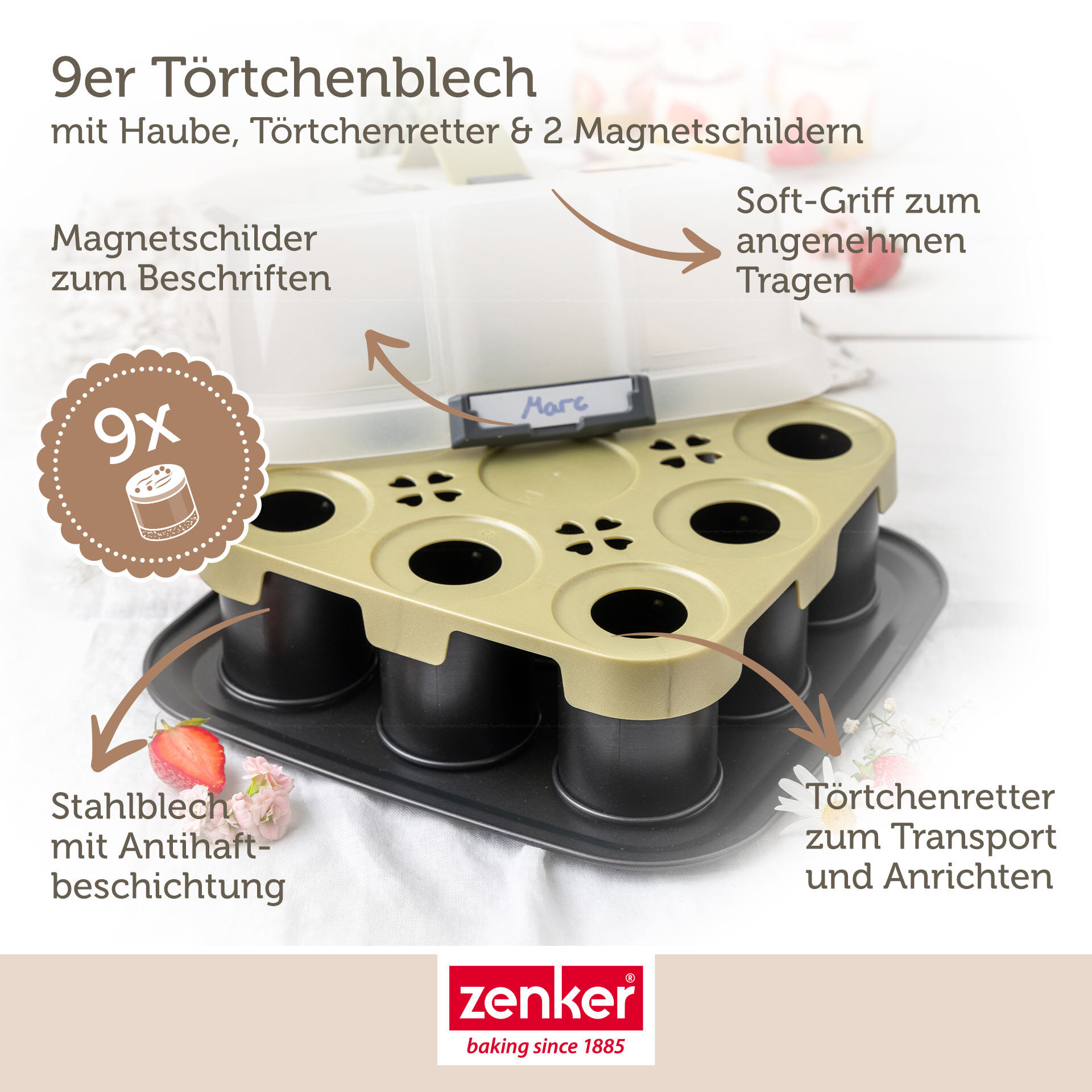 Mini Törtchen Backblech mit Transporthaube & Törtchenretter, 9er