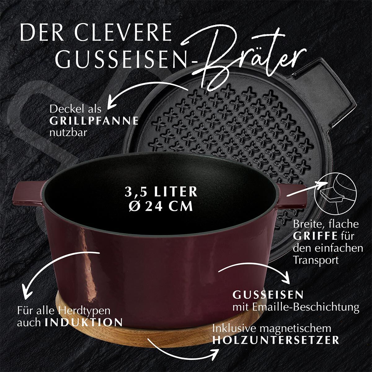 Set Cocotte mit Grilldeckel + Untersetzer, Gusseisen, 24cm, bordeaux Set Cocotte mit Grilldeckel + Untersetzer, Gusseisen, 24cm, bordeaux