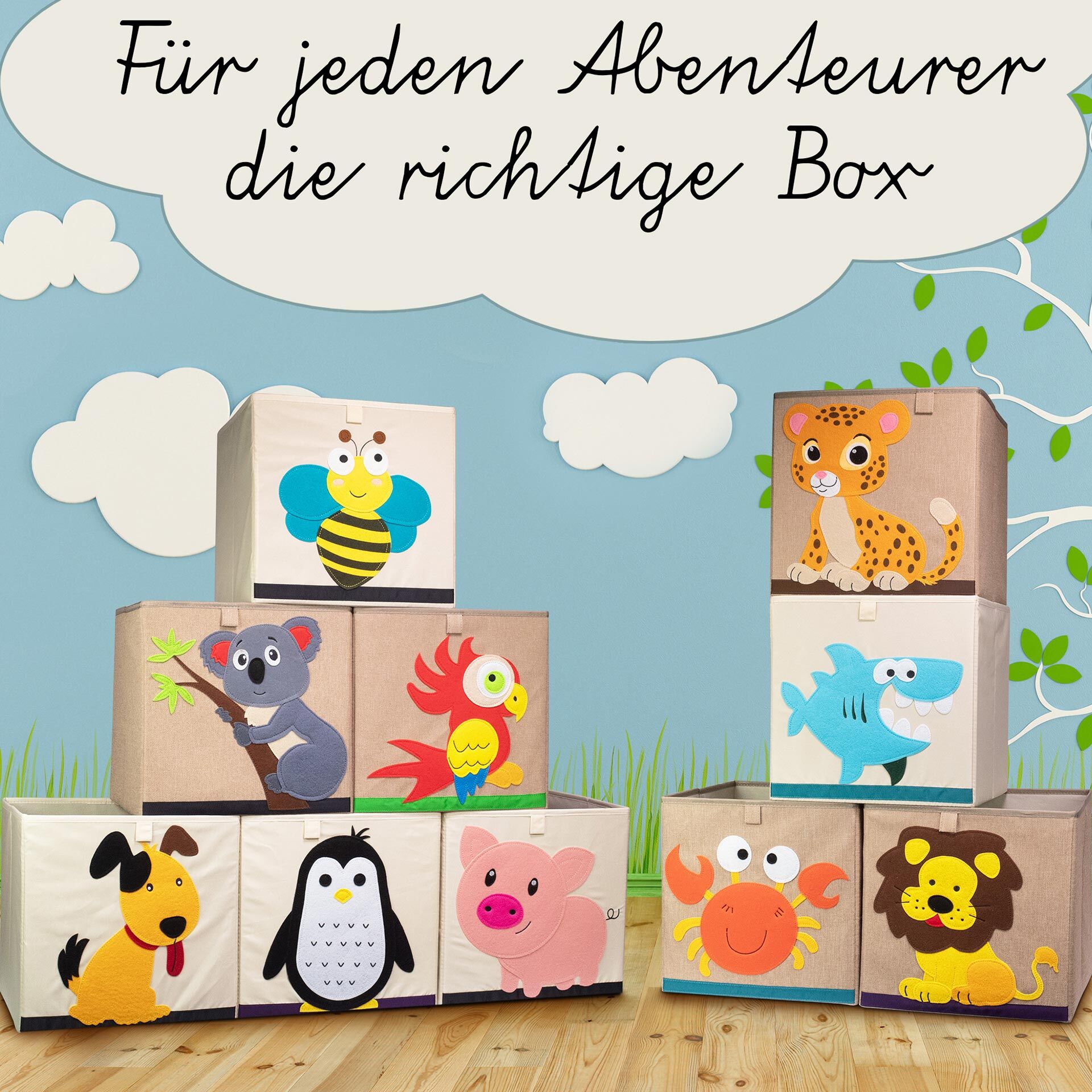 Aufbewahrungsbox 3er-Set Elefant Schweinchen & Stachelschwein, beige & braun, 33x33x33cm