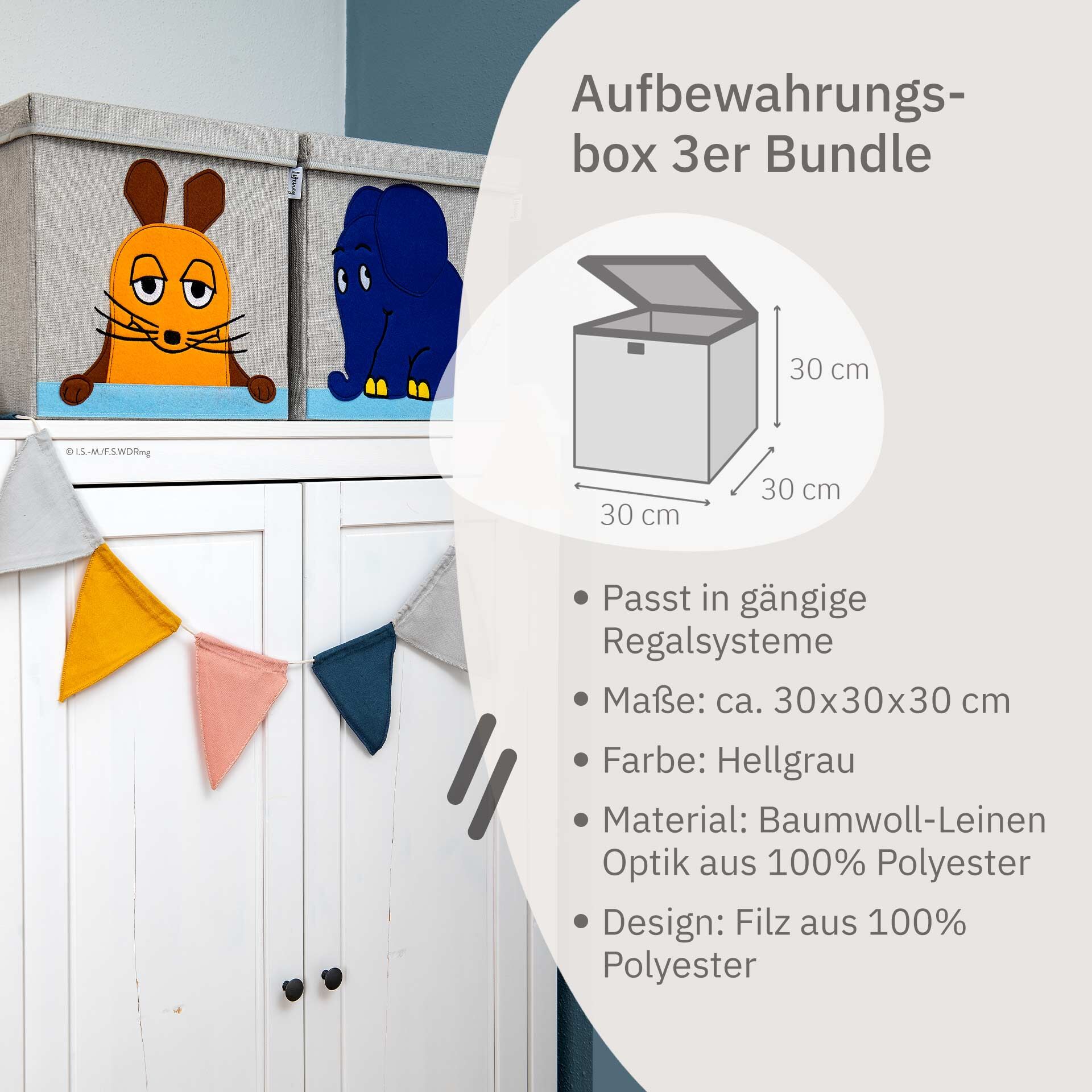 Aufbewahrungsbox 3er-Set mit Deckel, DieMaus & Elefant, 33x33x33cm