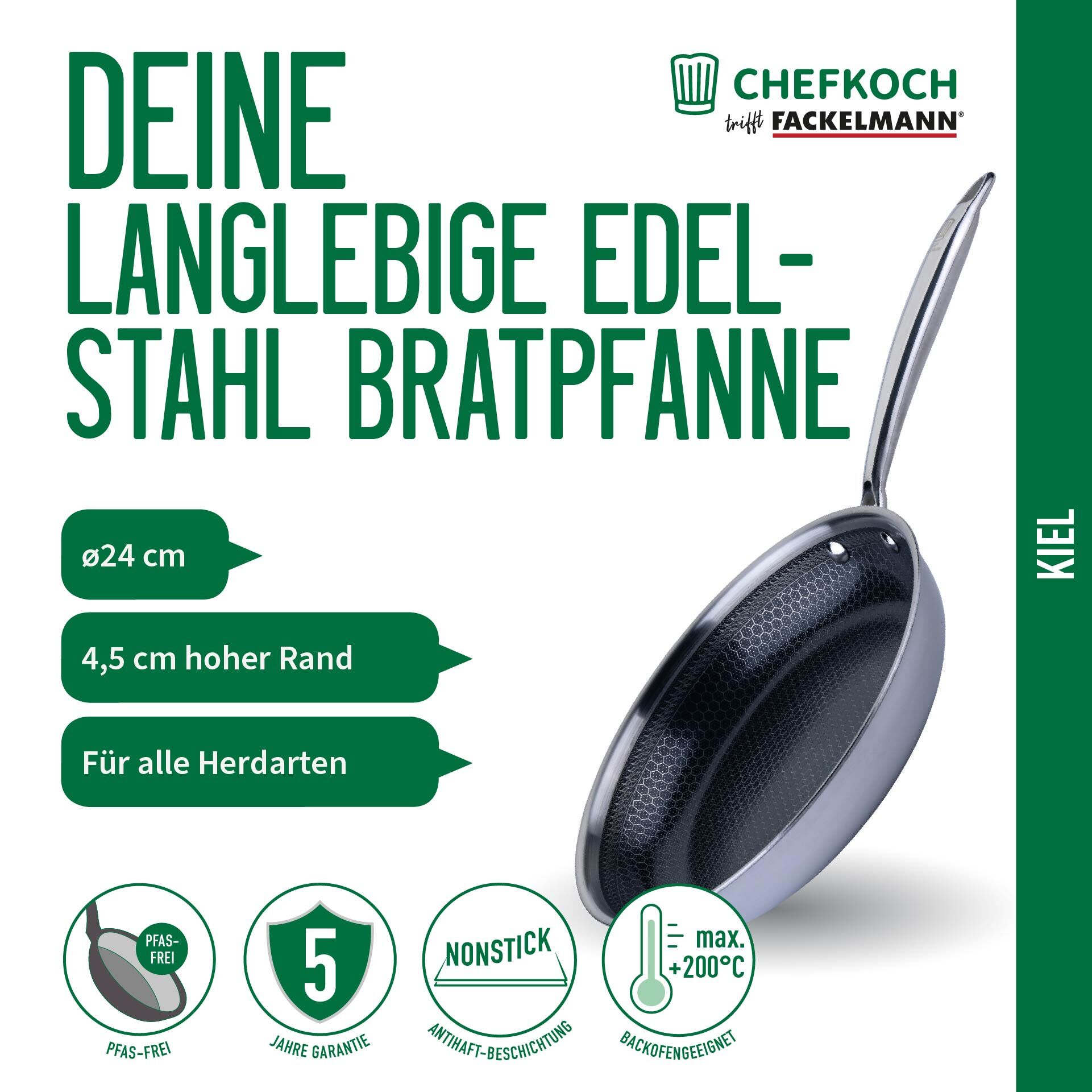 Bratpfanne Kiel, Edelstahl, antihaft, Wabenboden, Ø24cm