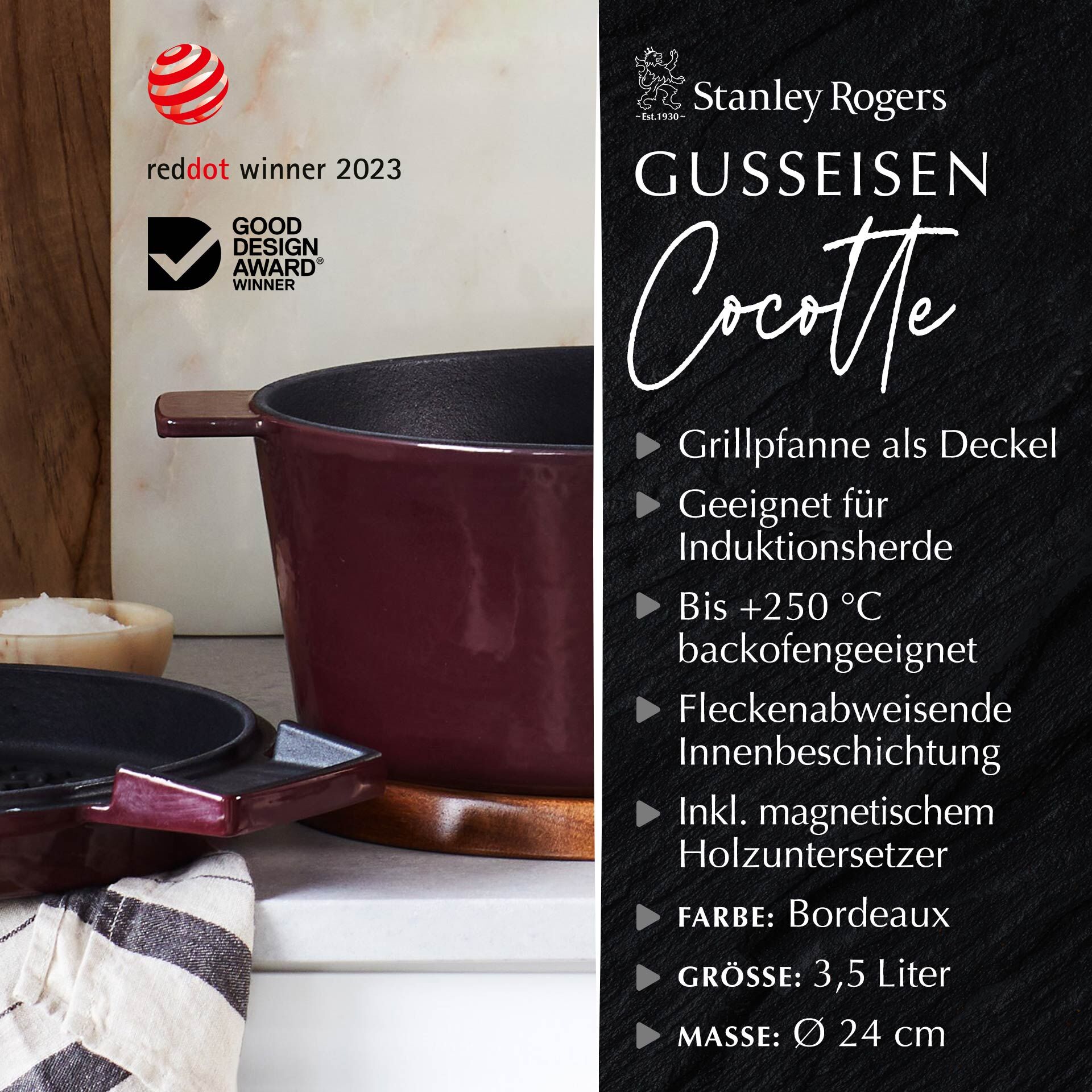 Set Cocotte mit Grilldeckel + Untersetzer, Gusseisen, 24cm, bordeaux Set Cocotte mit Grilldeckel + Untersetzer, Gusseisen, 24cm, bordeaux
