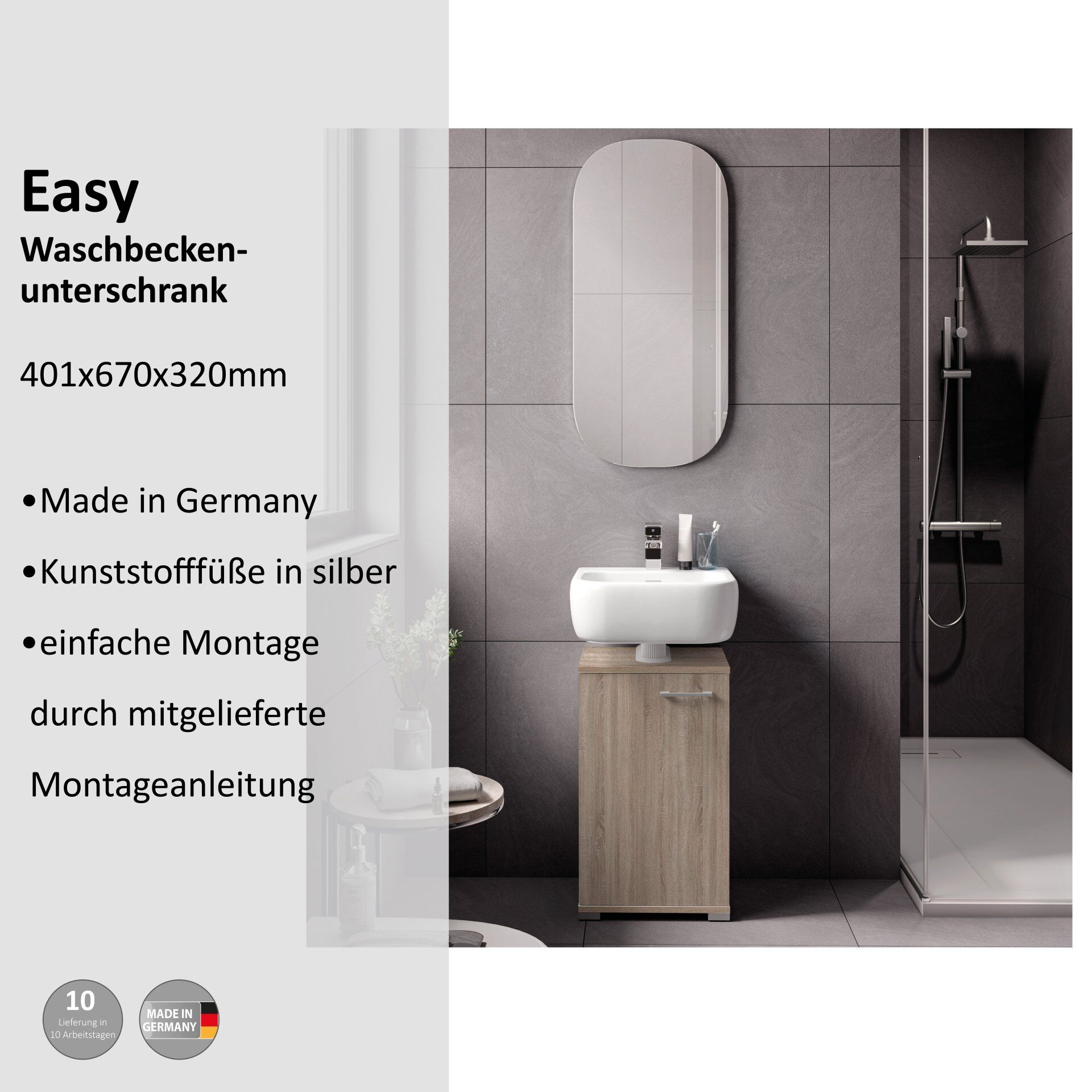 Waschbeckenunterschrank Easy, 40cm, Eiche, stehend