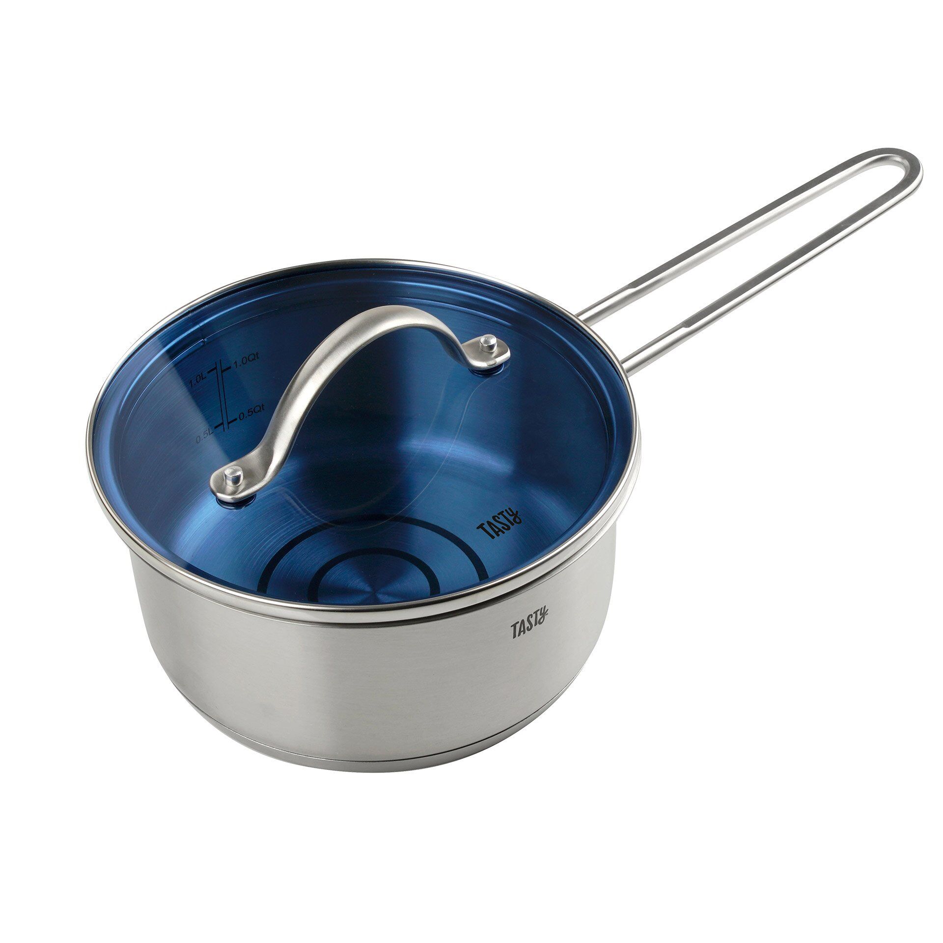 Soßentopf mit blauem Glasdeckel, Ø16cm, Edelstahl