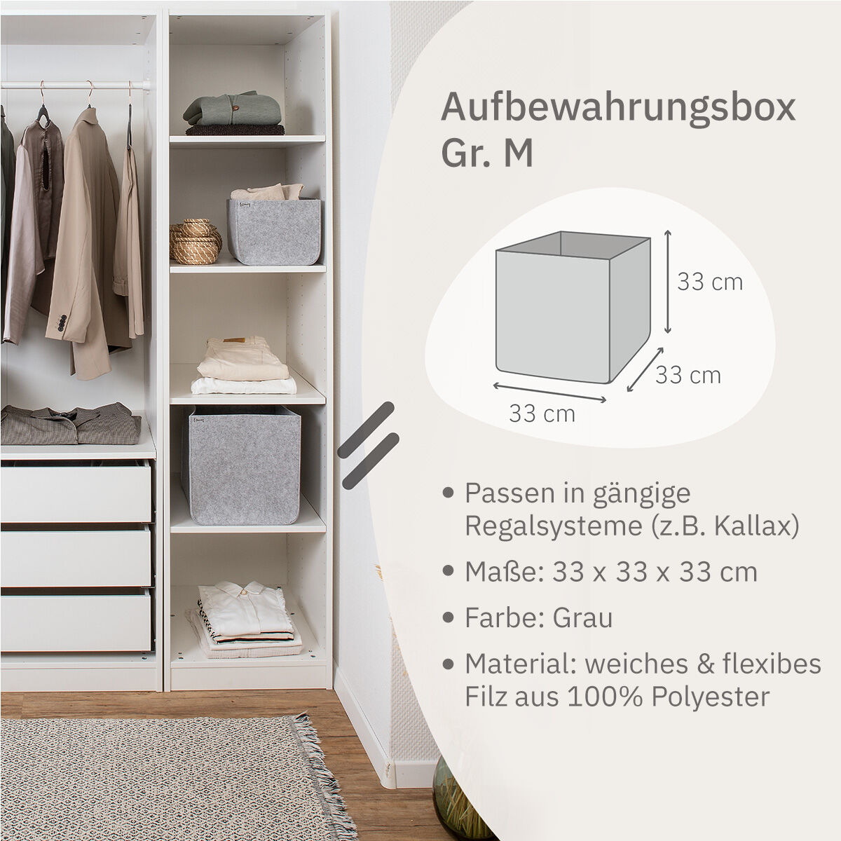 Organize your closet Aufbewahrungsbox, 33x33x33 cm, Filz, grau