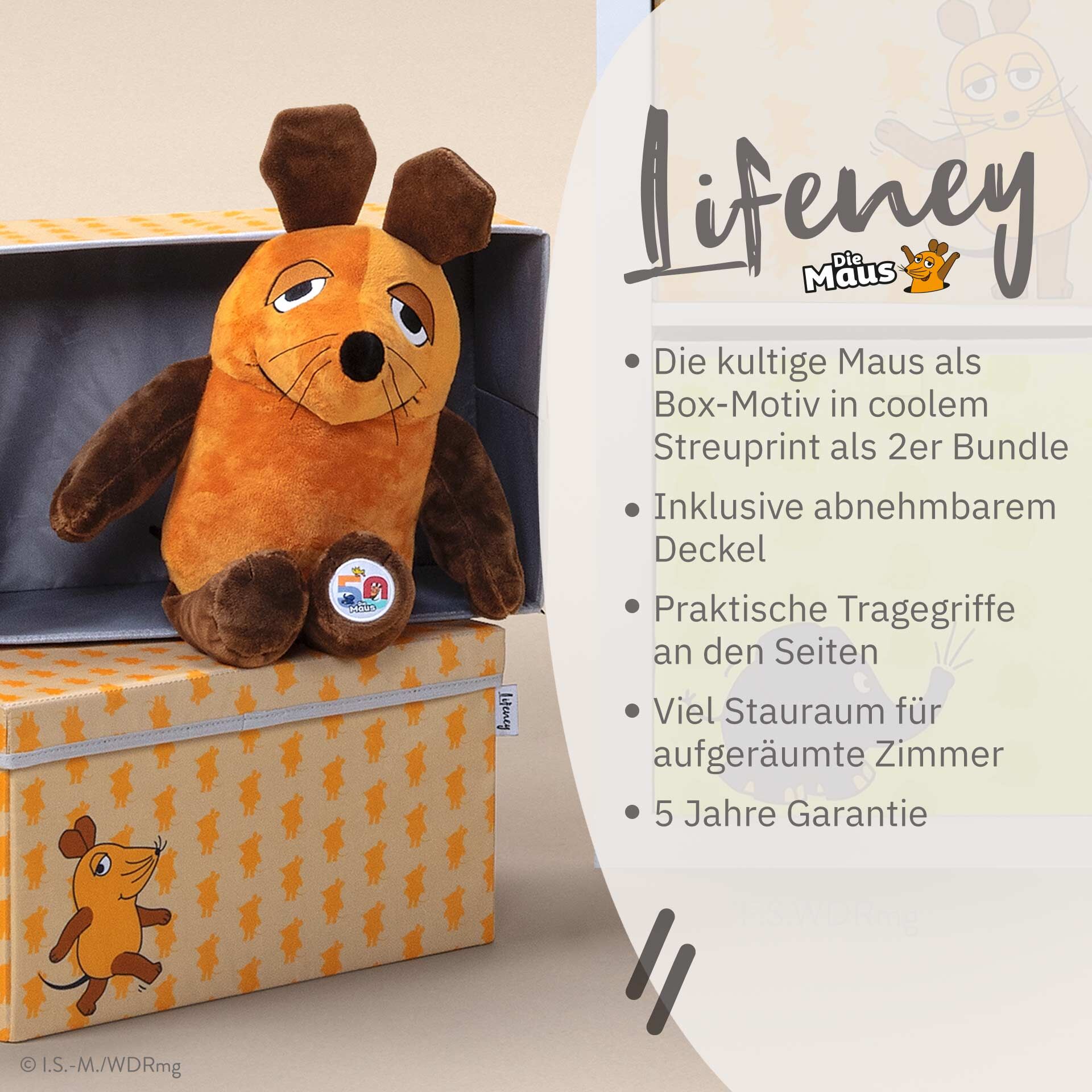 Aufbewahrungsbox 2er-Set DieMaus, 37x25x21cm, apricot