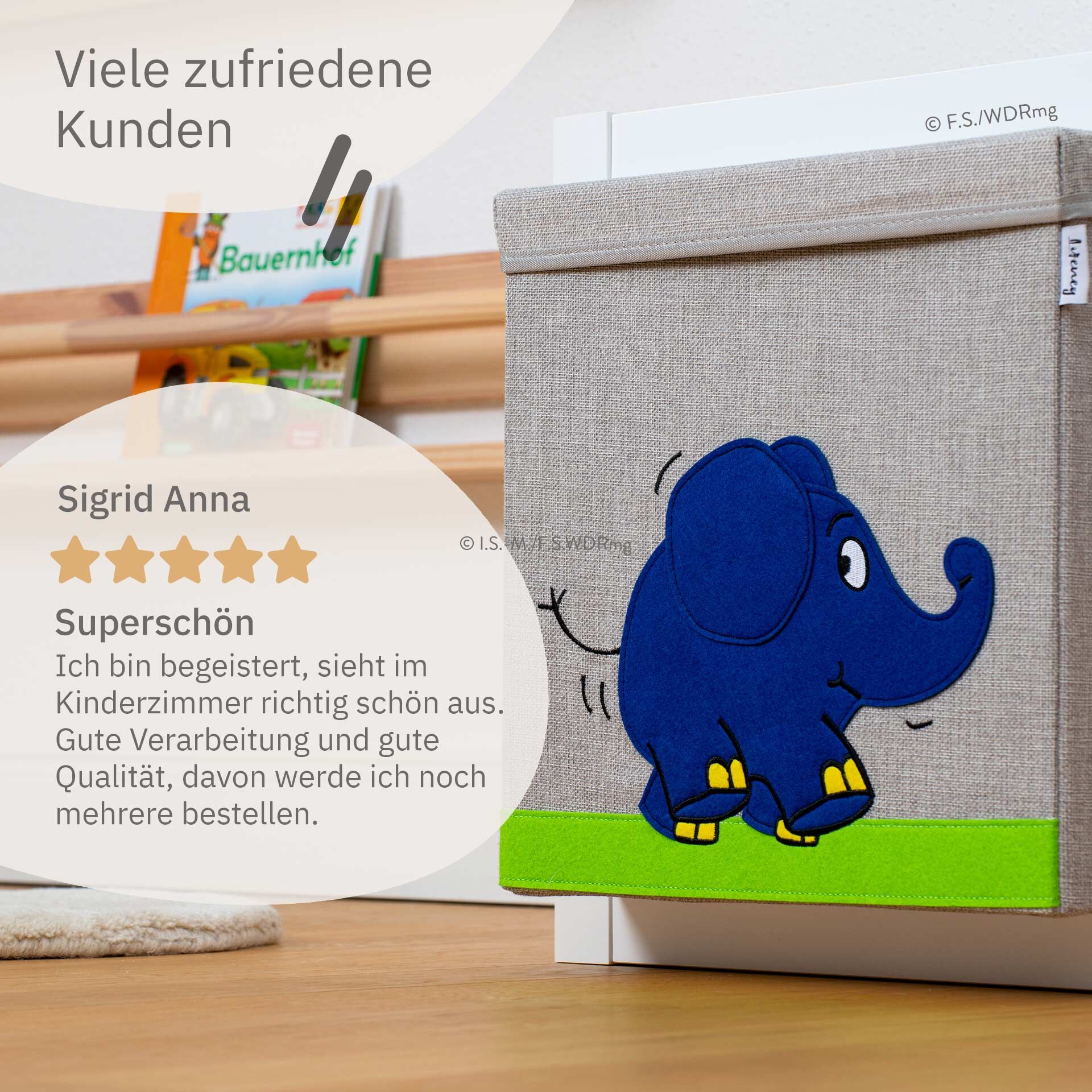 Aufbewahrungsbox mit Deckel DieMaus Elefant laufend, 33x33x33cm