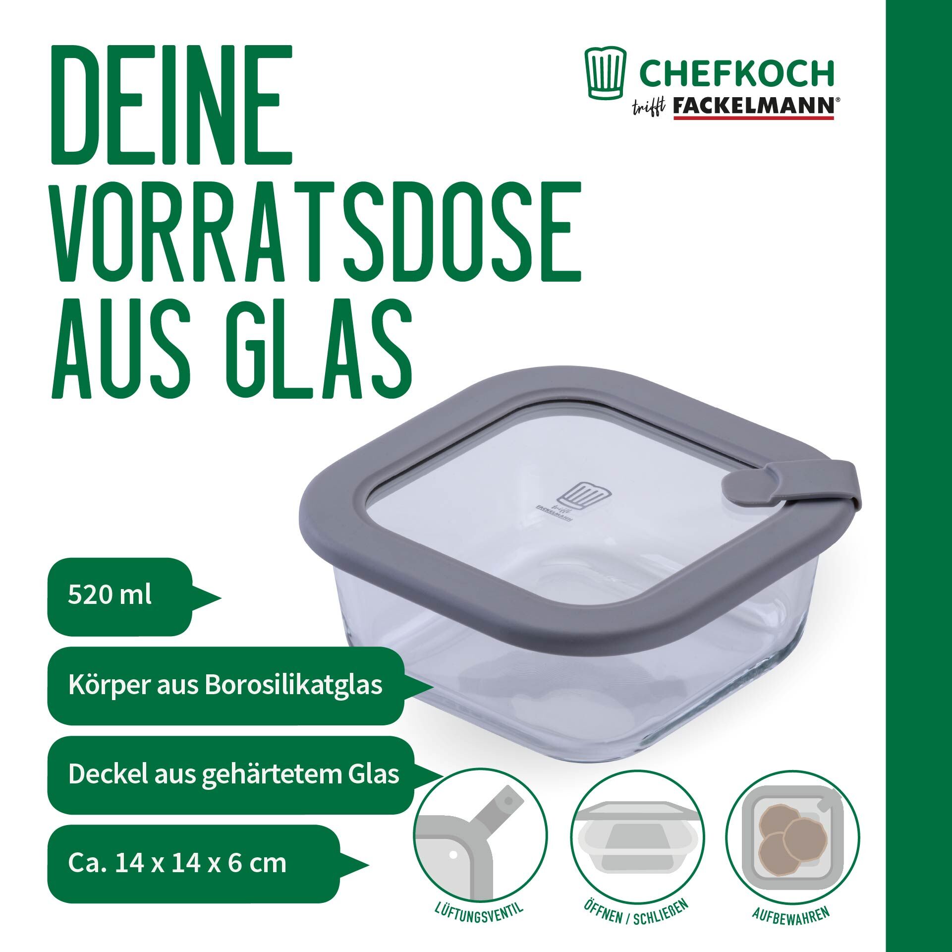 Vorratsdose Glas, eckig, 520ml