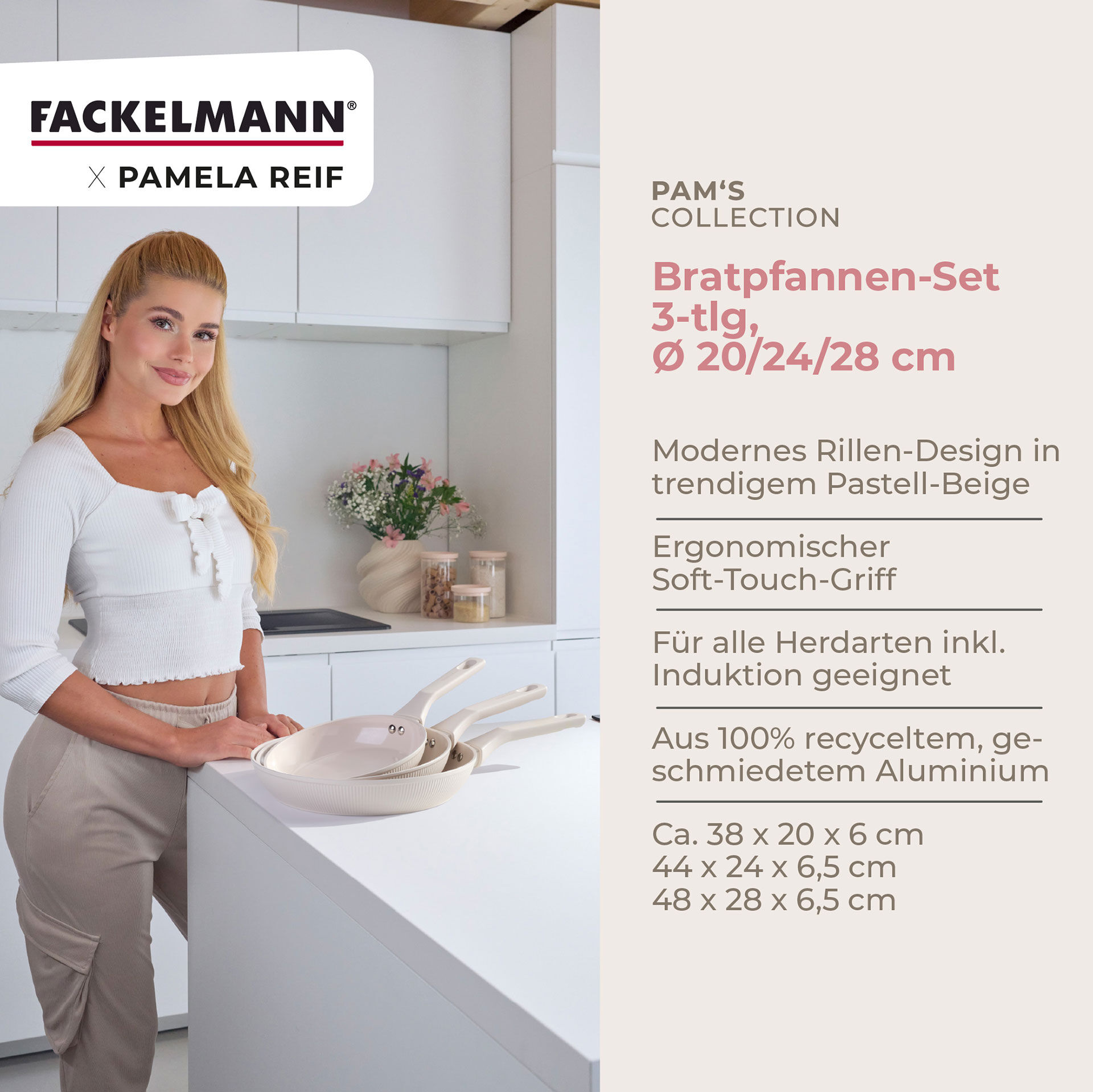 Pamela Reif Bratpfannen-Set, Keramik, Soft-Touch-Griff, 3-tlg.