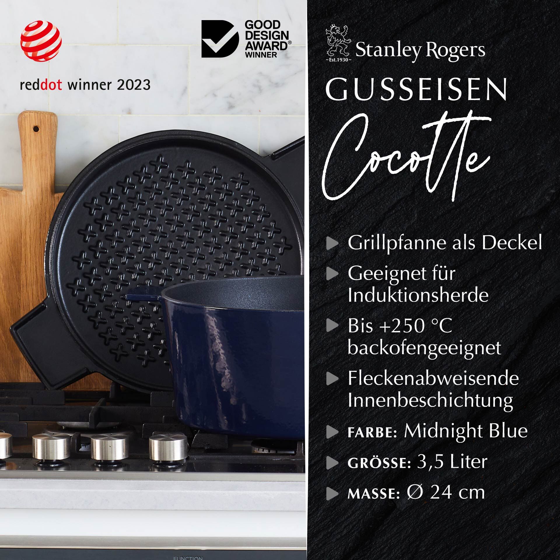 Cocotte mit Grilldeckel, 24cm, Gusseisen, blau Cocotte mit Grilldeckel, 24cm, Gusseisen, blau