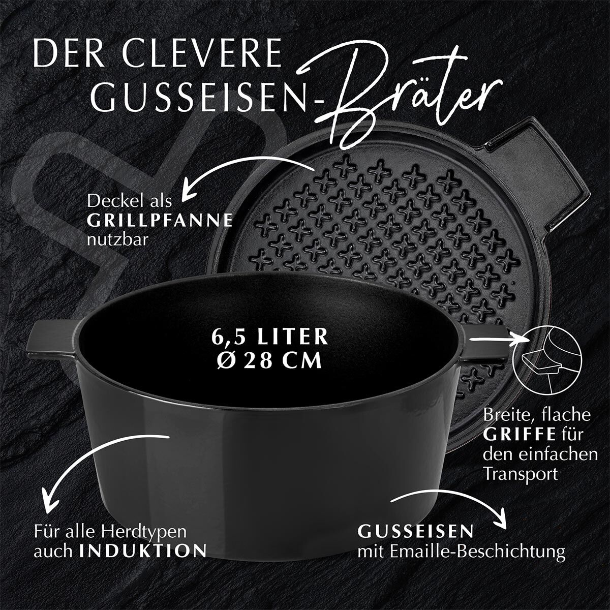 Cocotte mit Grilldeckel, 28cm, Gusseisen, schwarz Cocotte mit Grilldeckel, 28cm, Gusseisen, schwarz