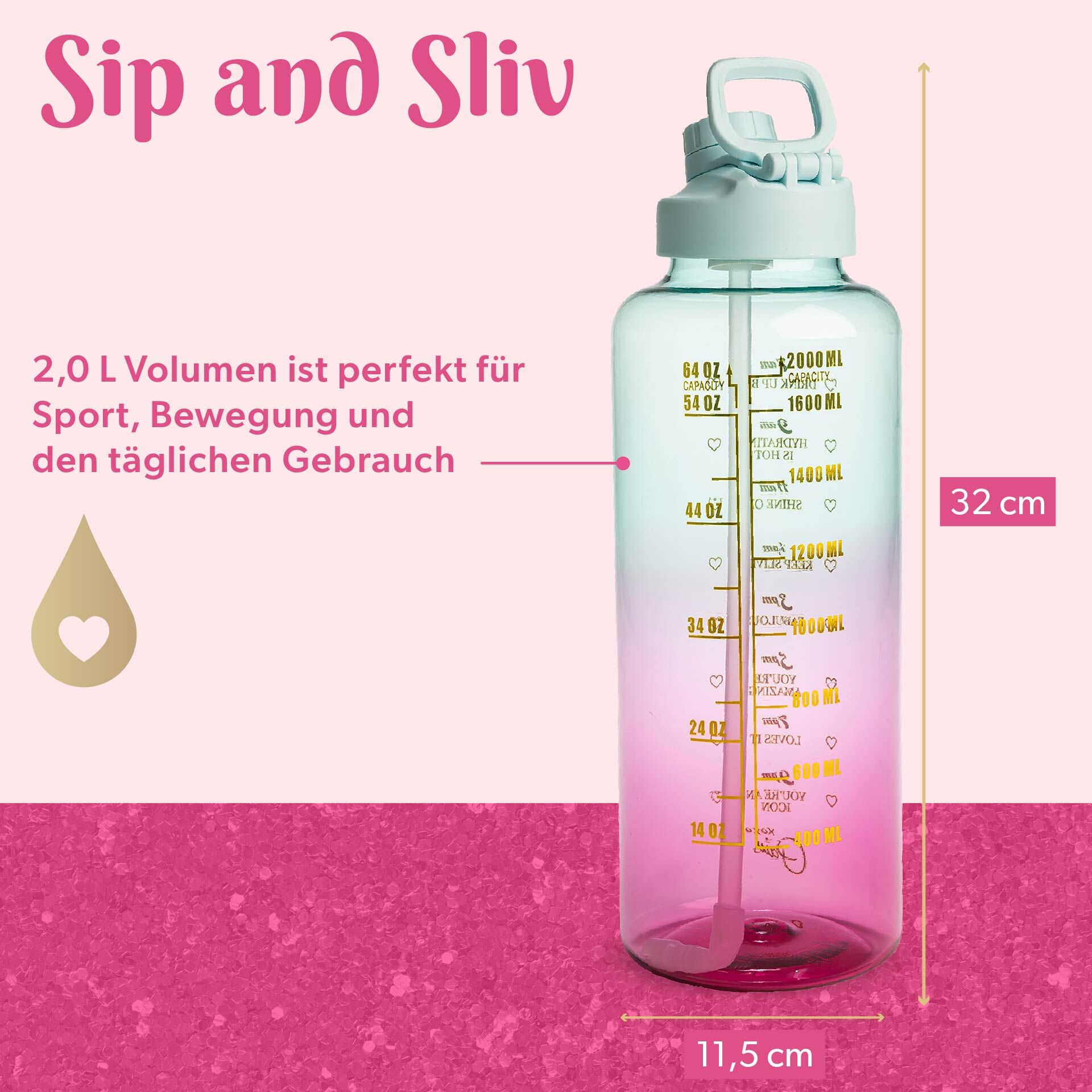Motivations-Trinkflasche Pink/Blau, 2L