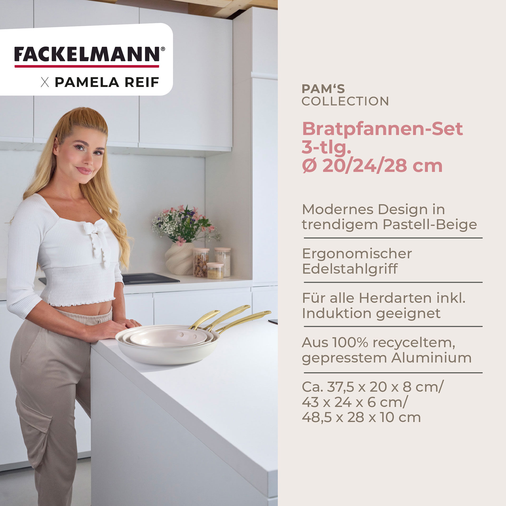 Pamela Reif Bratpfannen-Set Signature, Keramik, Gold-Griff, Ø20+24+28cm