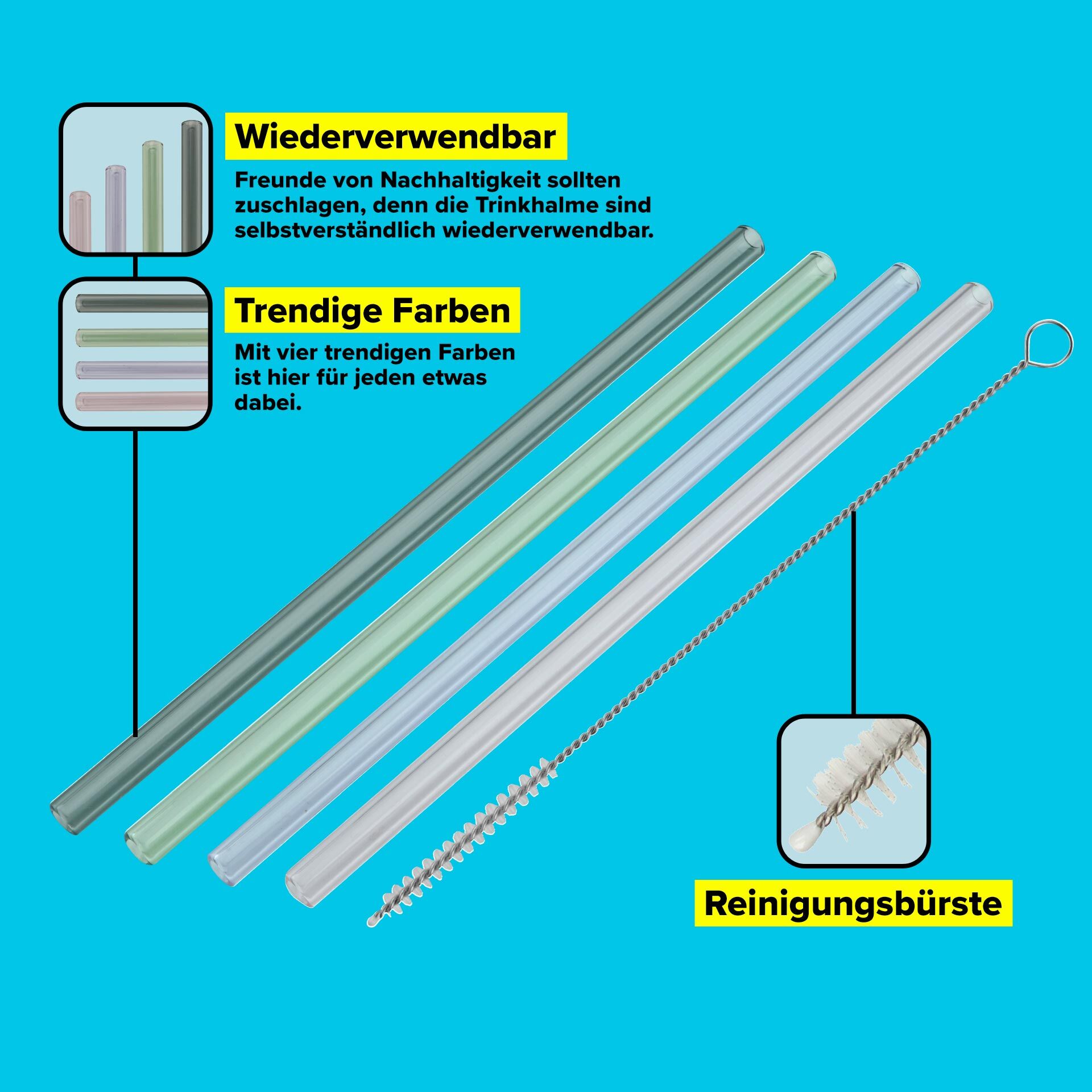 Strohhalme wiederverwendbar, inkl. Reinigungsbürste, 4 Stück, Glas