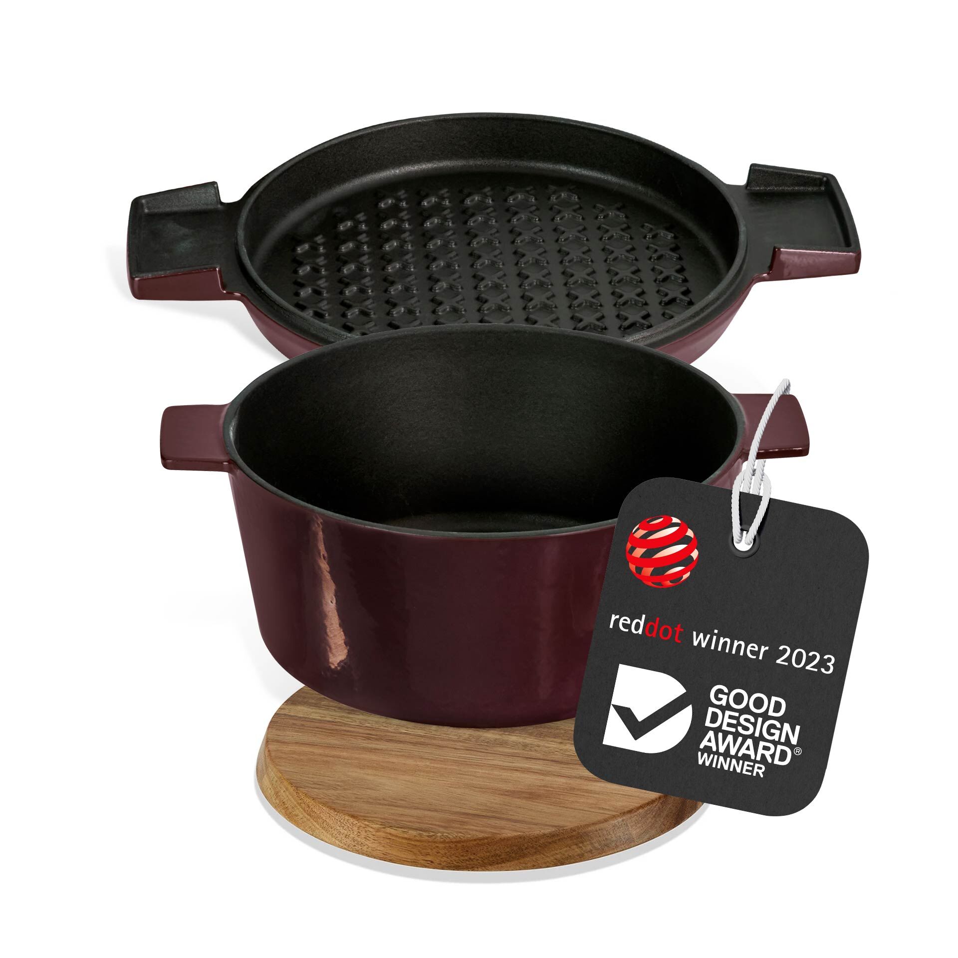 Set Cocotte mit Grilldeckel + Untersetzer, Gusseisen, 24cm, bordeaux Set Cocotte mit Grilldeckel + Untersetzer, Gusseisen, 24cm, bordeaux