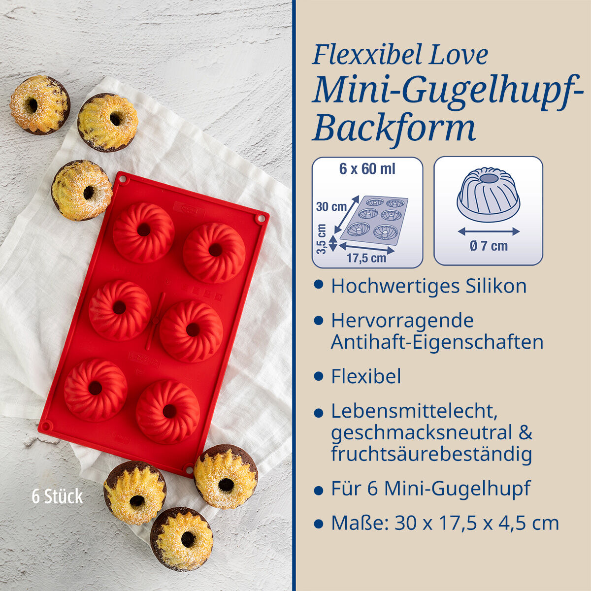Gugelhupfform Mini Flexxibel Love, 6er, Silikon