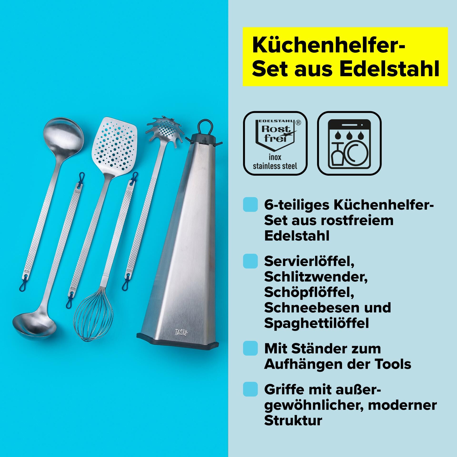 Küchenhelfer-Set mit Ständer, 6-teilig, Edelstahl | 678951