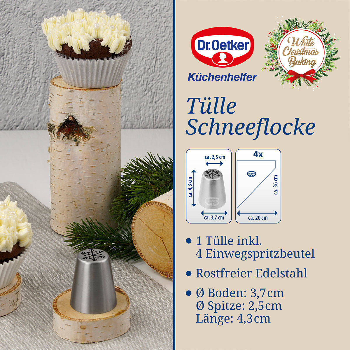 Tülle Schneeflocke inkl. 4 Spritzbeutel White Christmas Baking