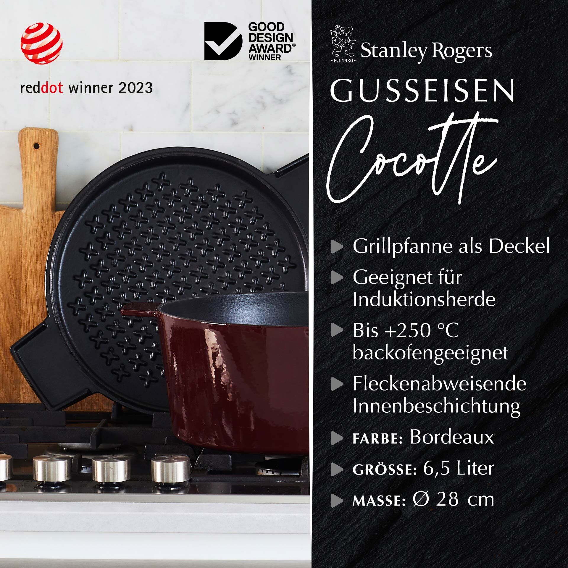 Cocotte mit Grilldeckel, 28cm, Gusseisen, bordeaux Cocotte mit Grilldeckel, 28cm, Gusseisen, bordeaux