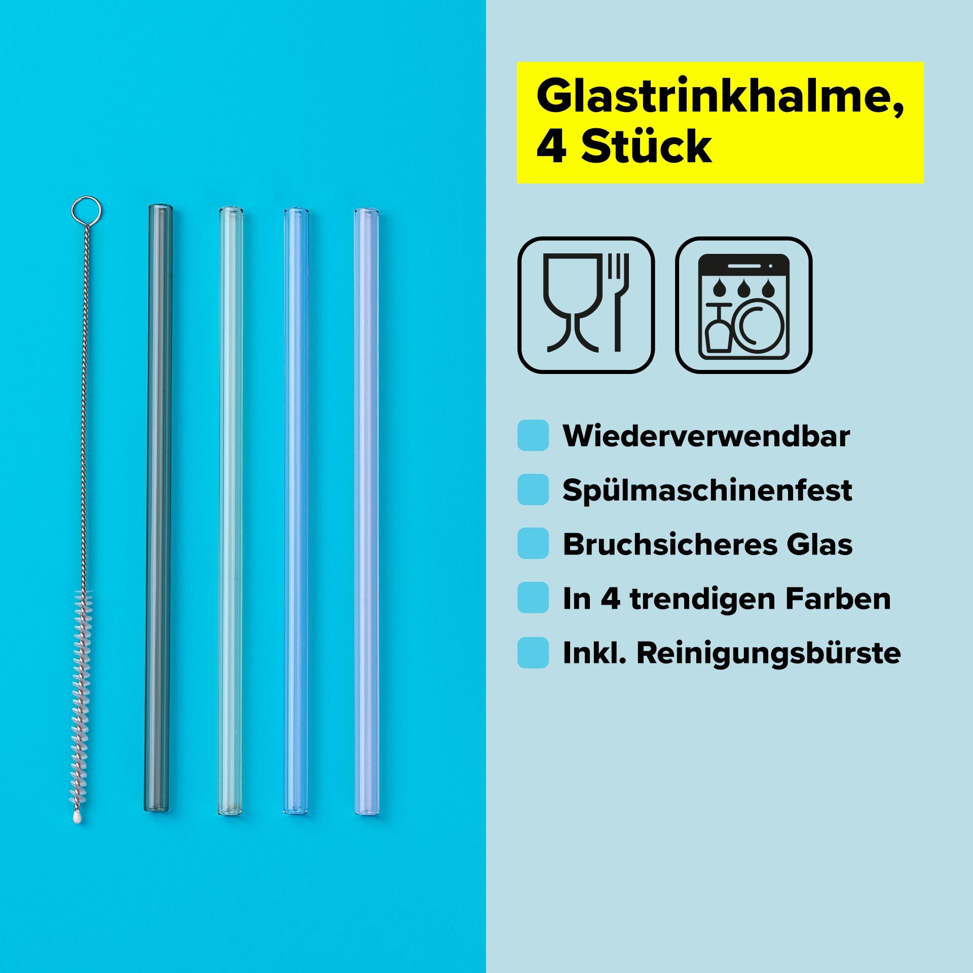 Strohhalme wiederverwendbar, inkl. Reinigungsbürste, 4 Stück, Glas