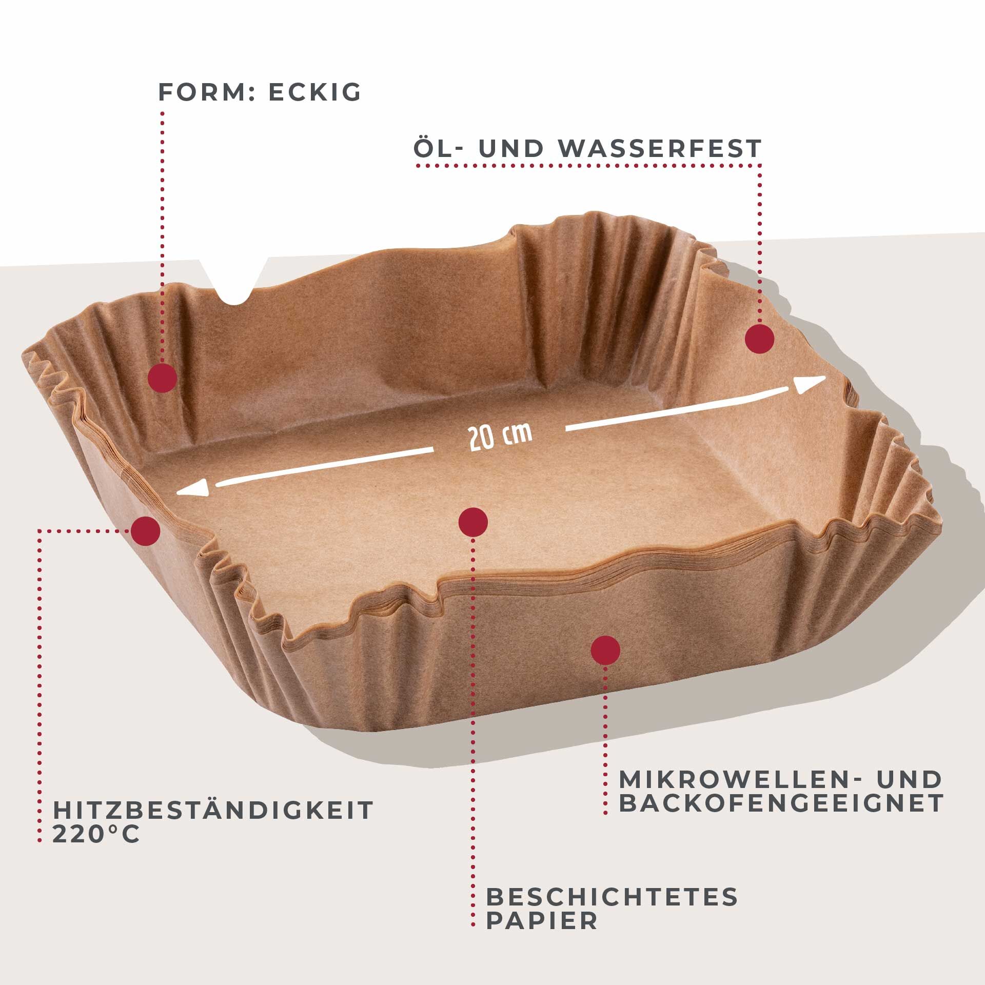 Backpapier für Heißluftfritteuse eckig, 20x20x4,5cm, 40 Stk.
