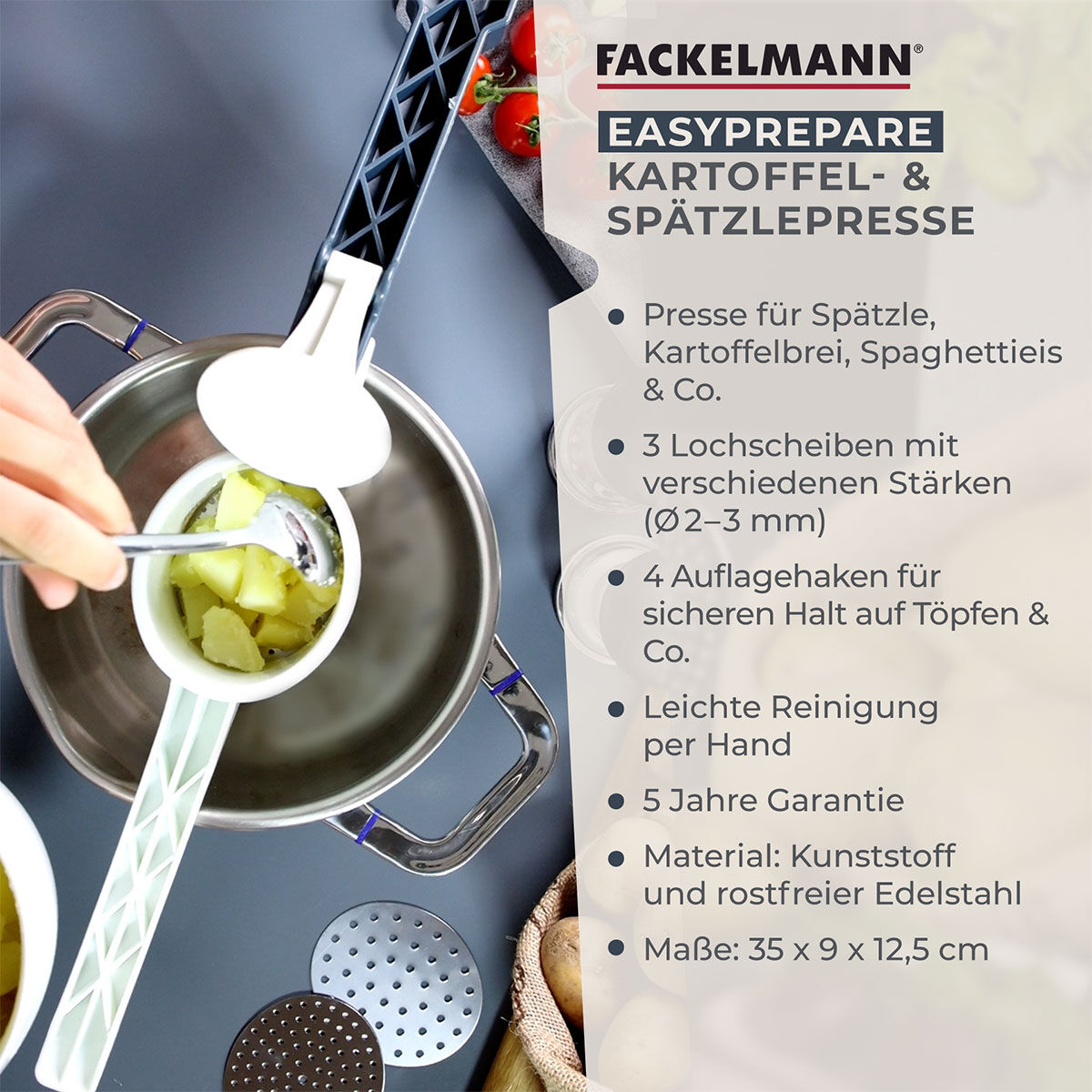 Spätzlepresse mit 3 Lochscheiben #easyprepare, 4-teilig