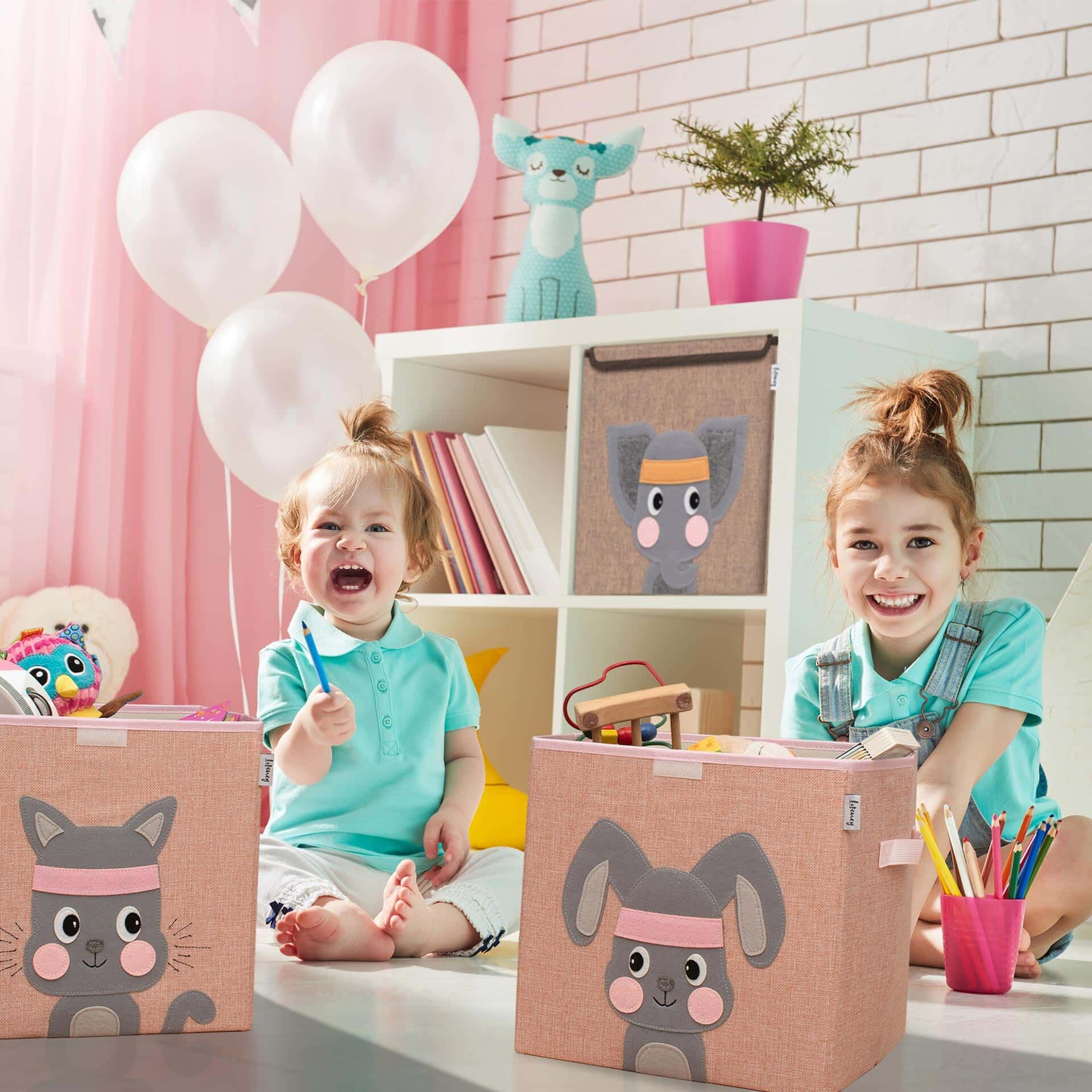 Aufbewahrungsbox 2er-Set Löwe & Bär, grau, 33x33x33cm