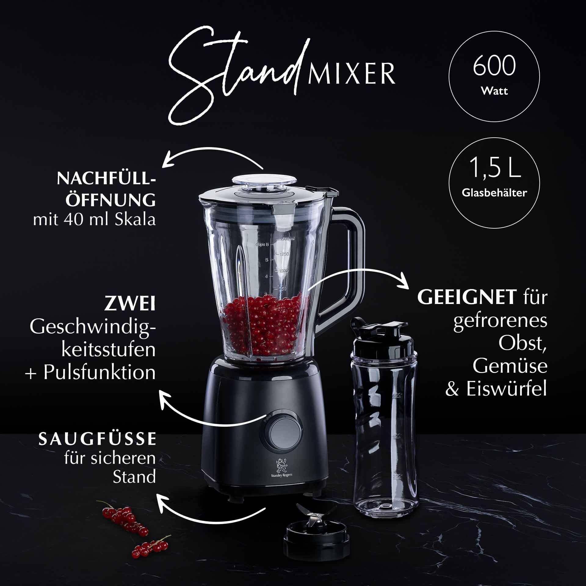 Standmixer, Glas, 1,5L, 600W
