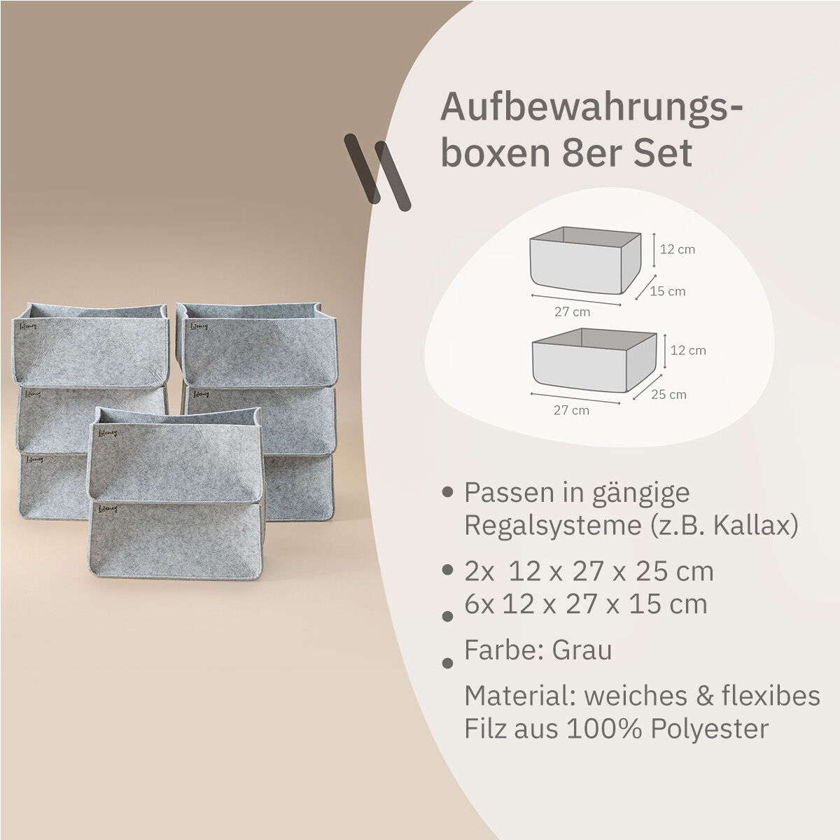 Organize your closet Schubladenorganizer, 8er Set, Filz, grau