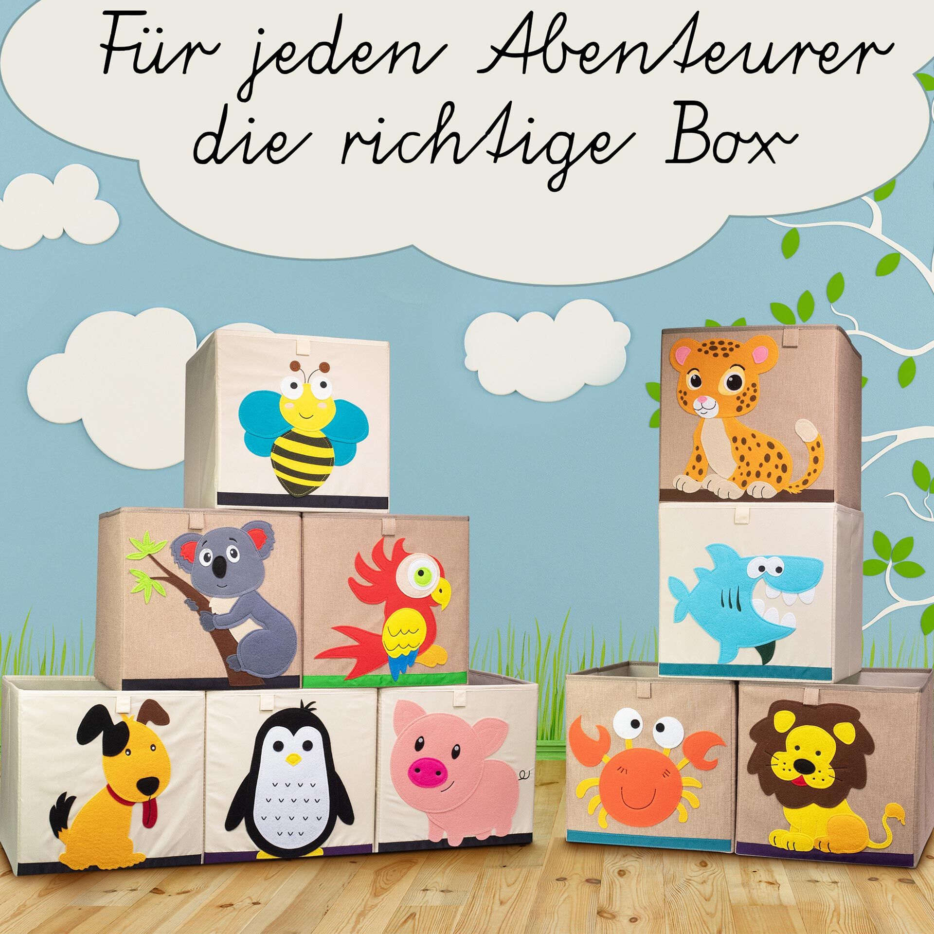 Aufbewahrungsbox 2er-Set Löwe & Tiger, beige, 33x33x33cm